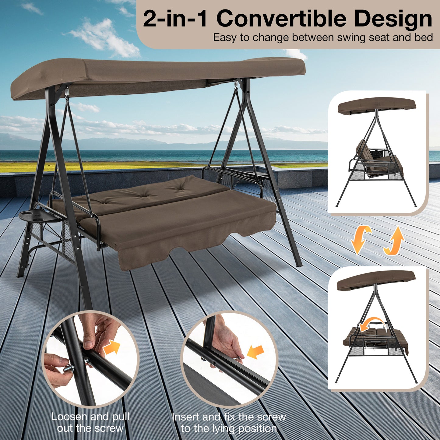 3-Seat Convertible Patio Swing with Adjustable Canopy
