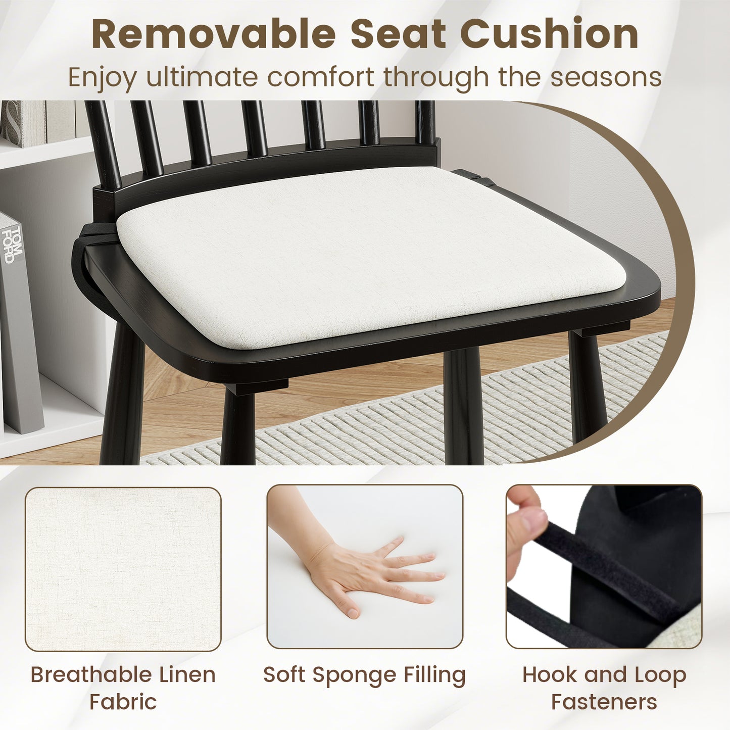 Windsor Dining Chairs Set of 2 with Removable Cushions