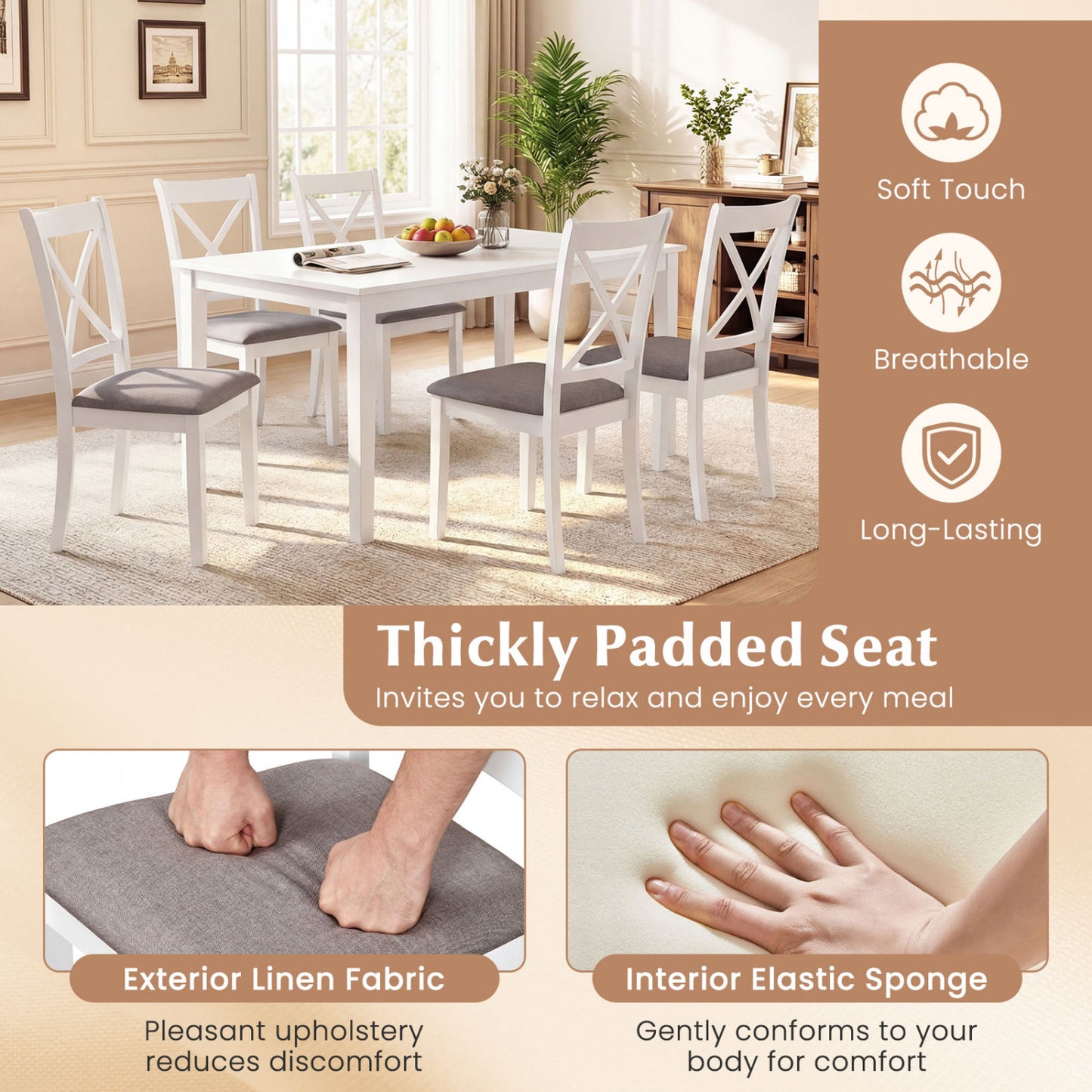 Rubber Wood Dining Chairs Set of 4 with Padded Seats