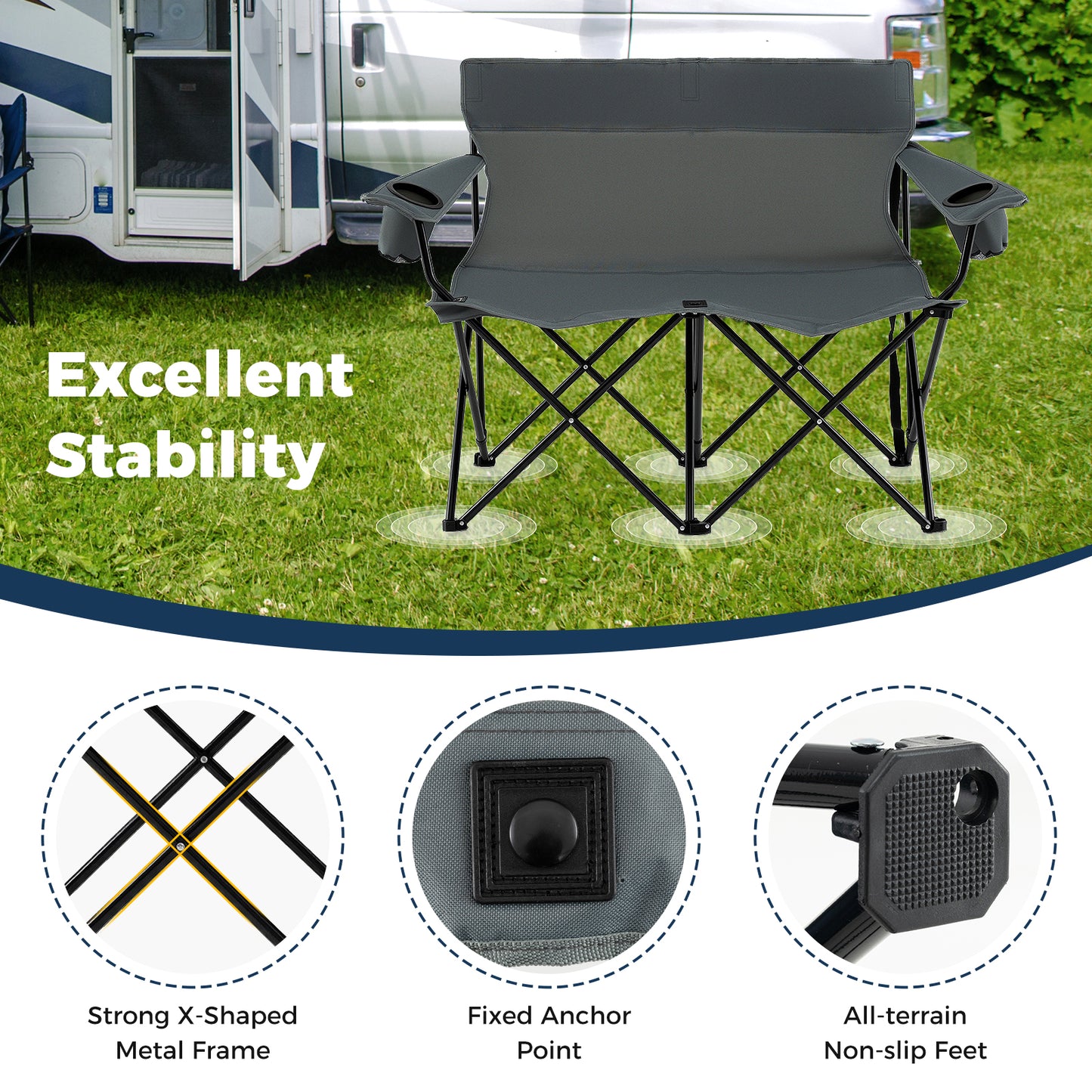 Double Camping Chair 2-Person Folding Loveseat with Cup Holders