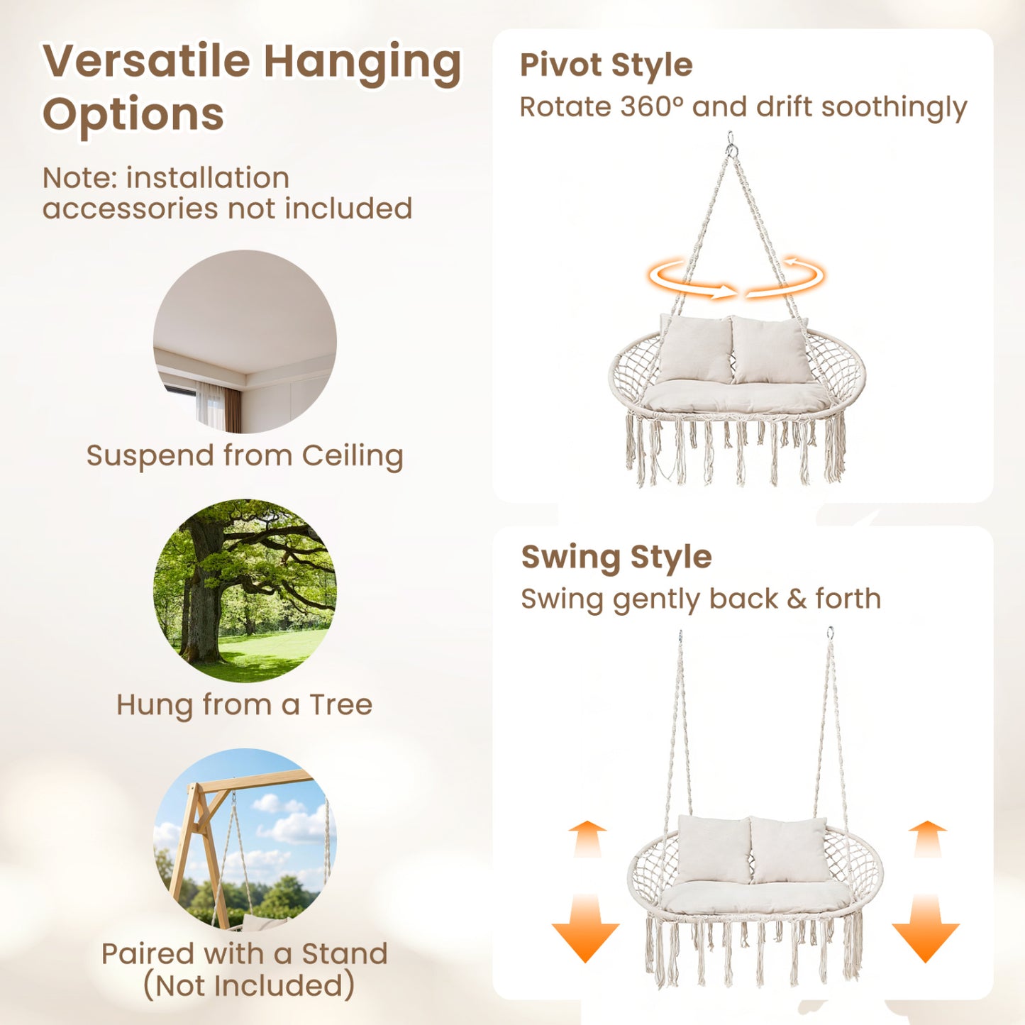 Double Macrame Hammock Swing Chair with Cushions - Beige