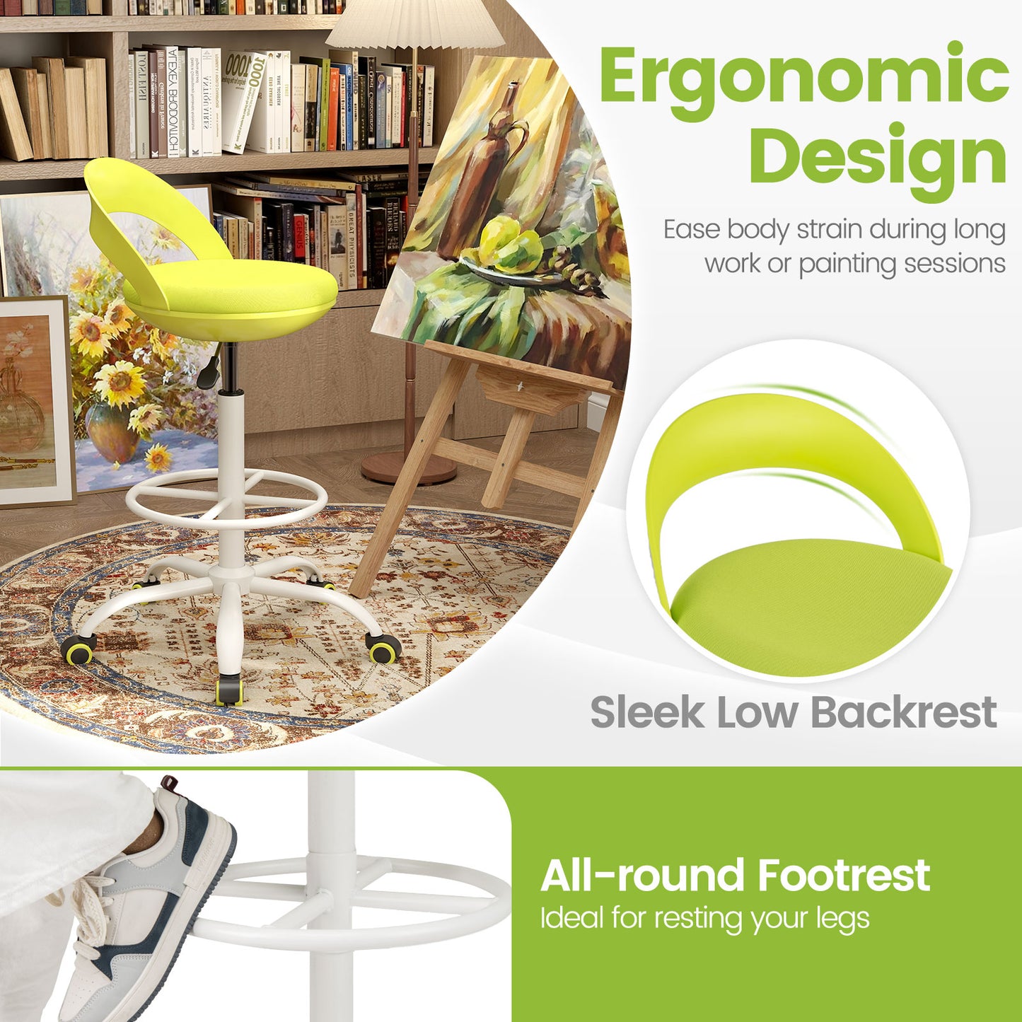 Drafting Stool with Wheels and Footrest - Green