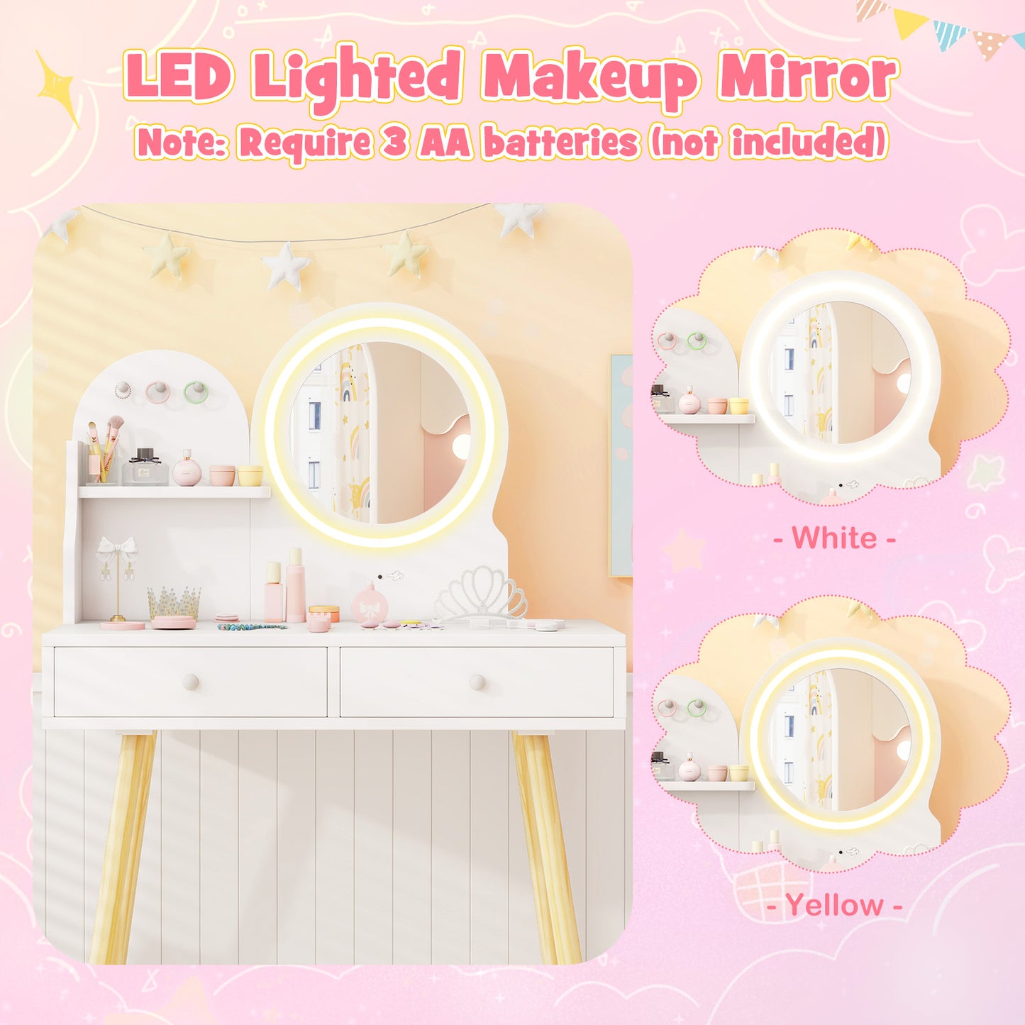 Kids Vanity Table and Chair Set with Lighted Mirror