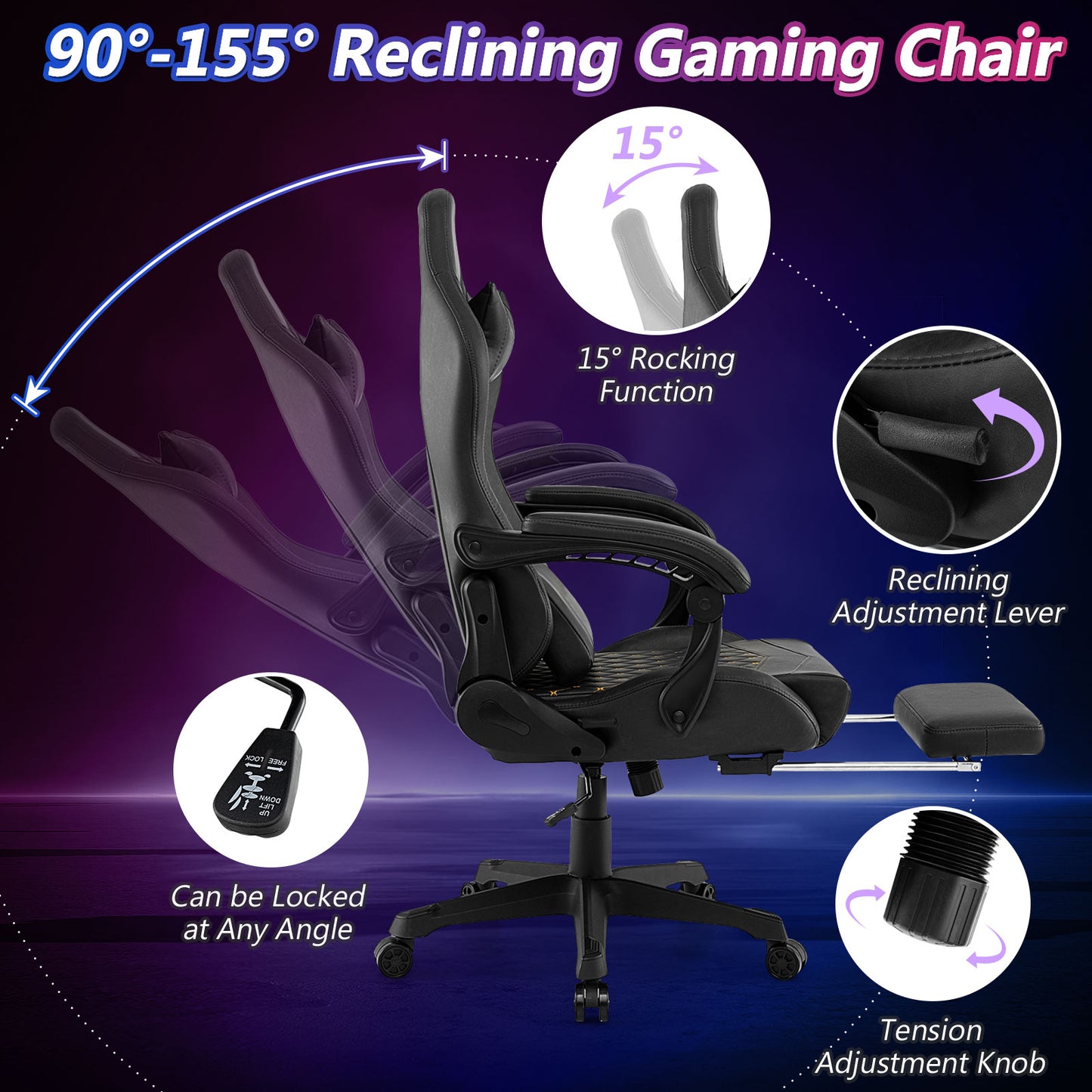 Gaming Chair with Footrest, Headrest & Lumbar Support - Black