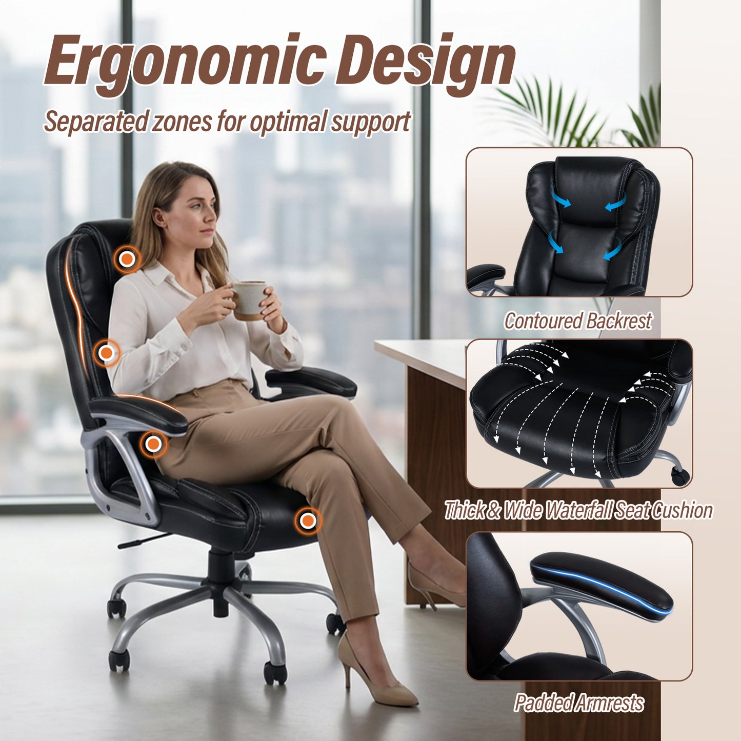 Executive Office Chair with Padded Armrests - Ergonomic