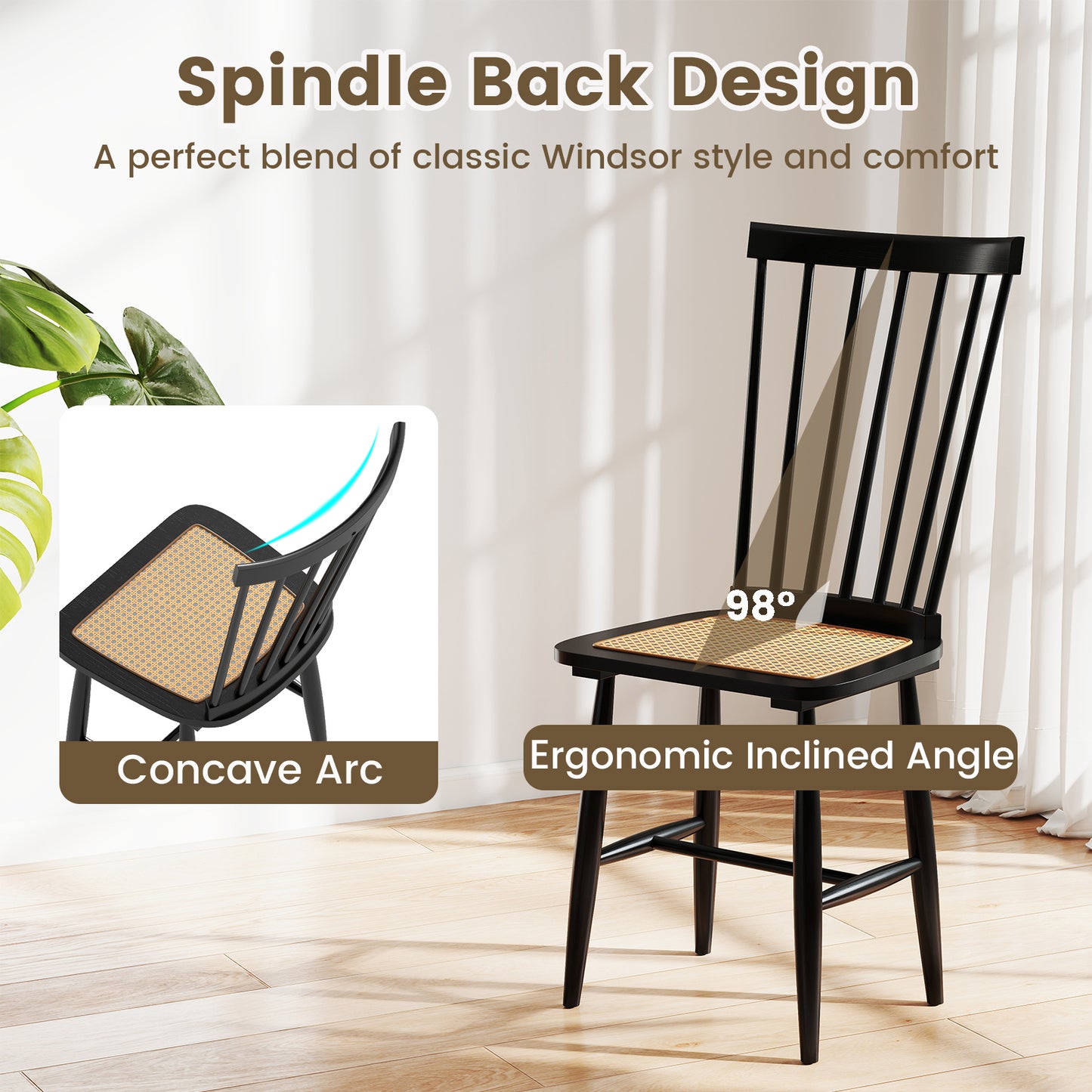 Solid Wood Dining Chairs Set of 2 with Rattan Seats