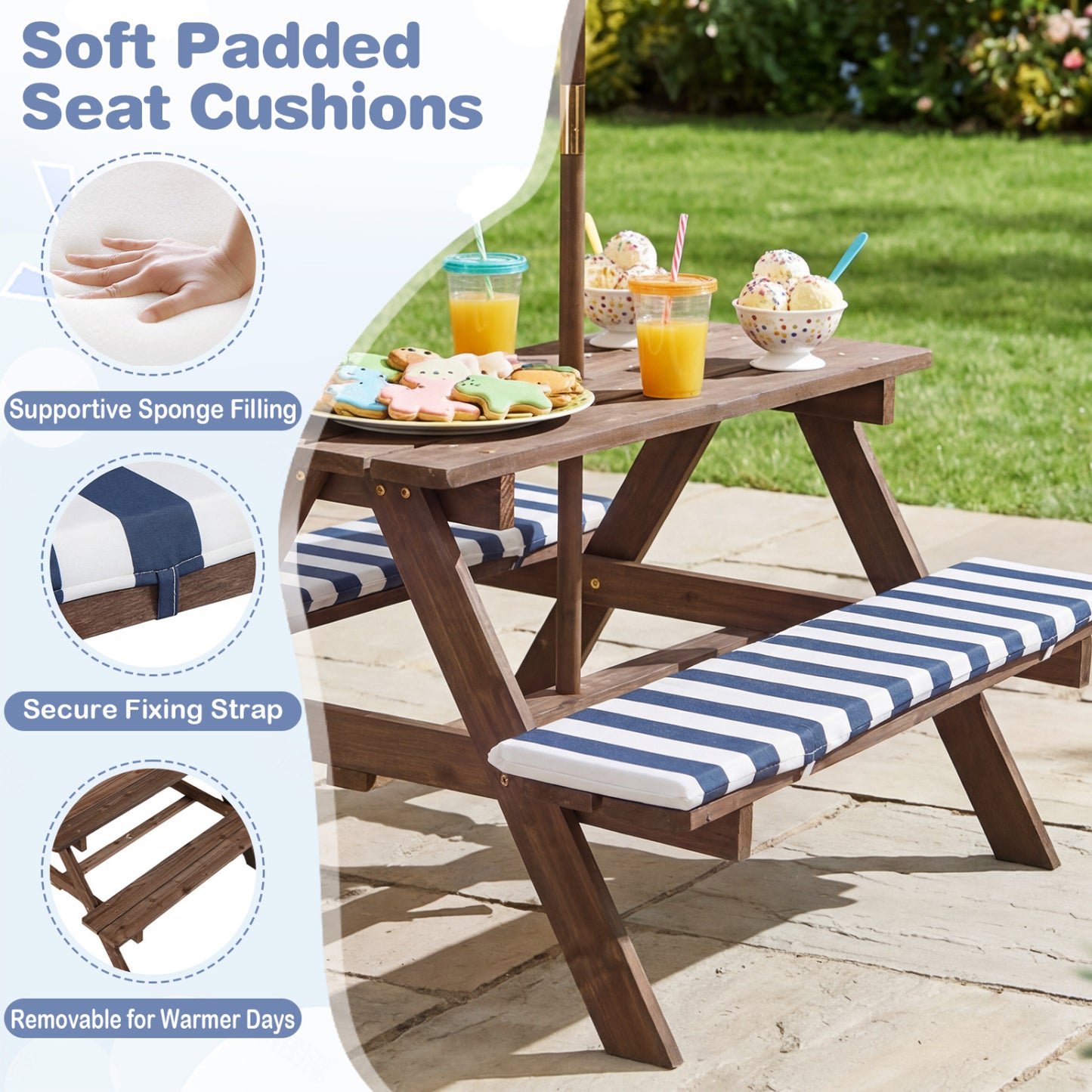 Kids Picnic Table with Benches and Umbrella - Fir Wood