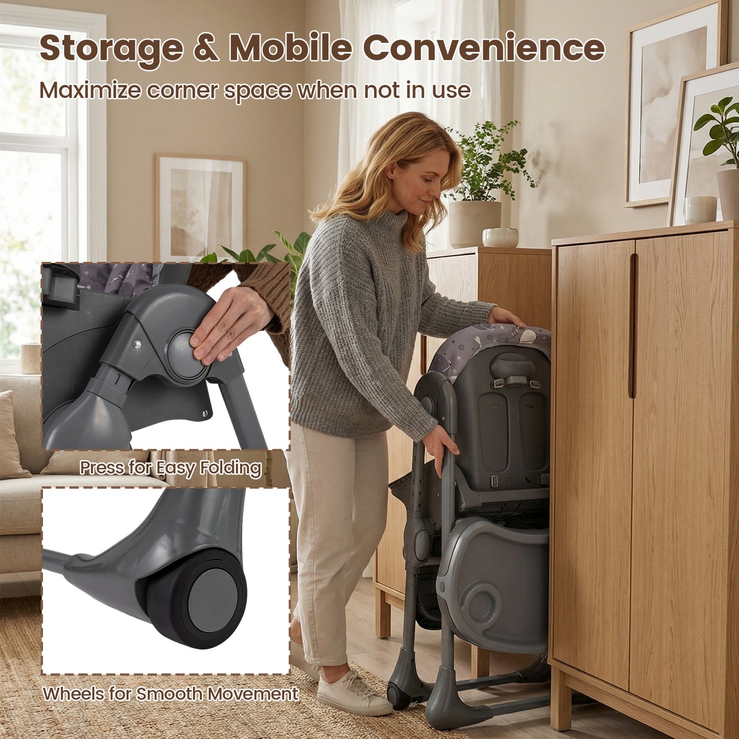 Folding High Chair with Adjustable Height and Cushion