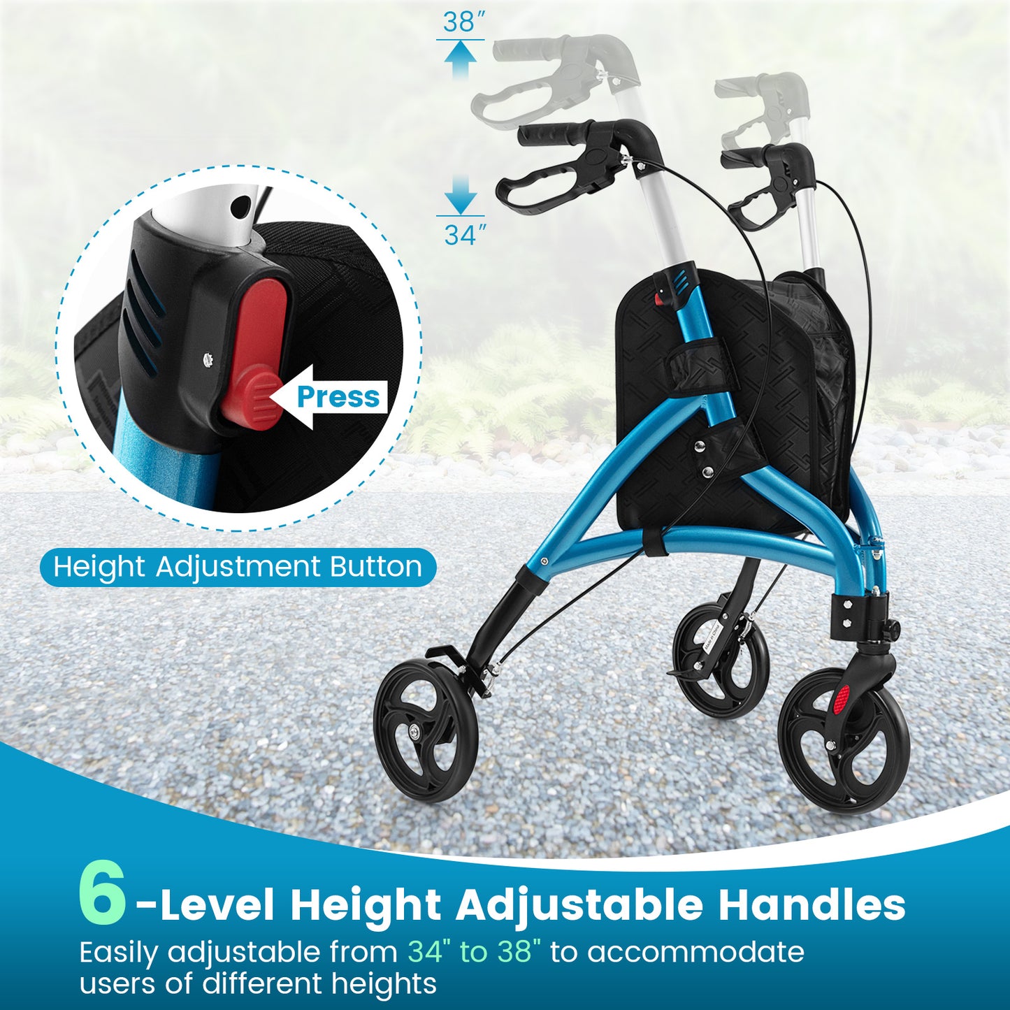 Foldable Rollator Walker with Lightweight Aluminum Frame-Blue