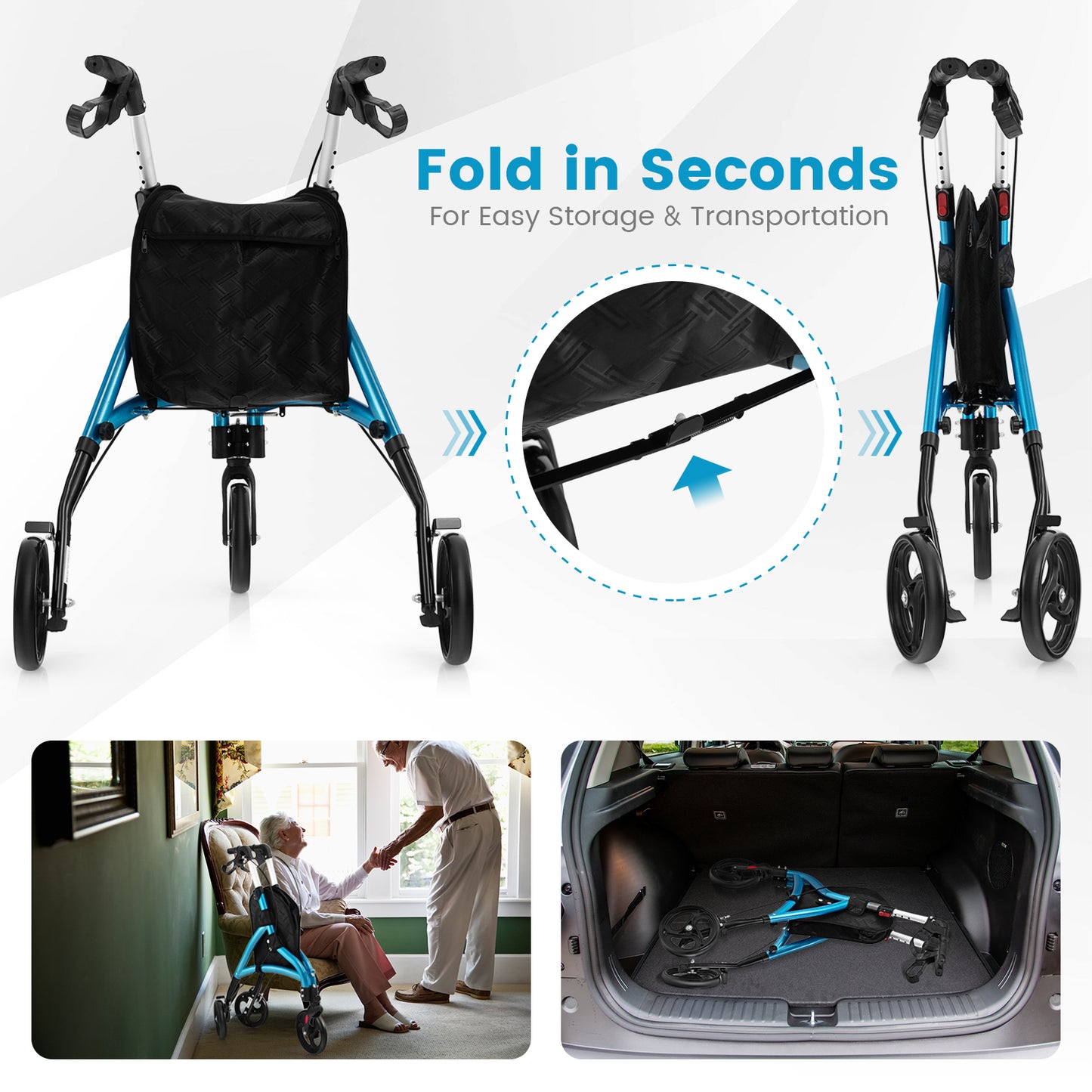 Foldable Rollator Walker with Lightweight Aluminum Frame-Blue