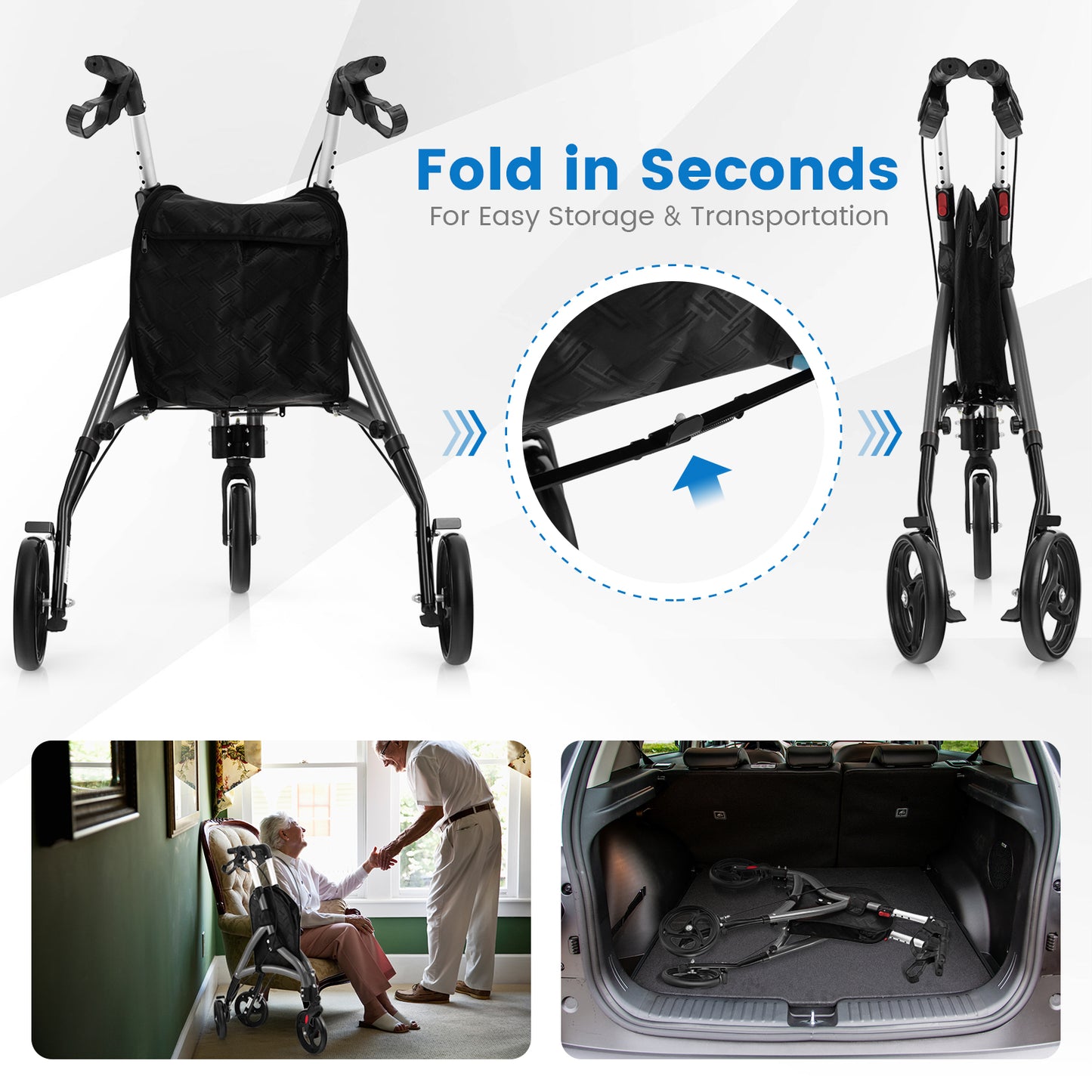 Foldable Rollator Walker with Lightweight Aluminum Frame-Gray