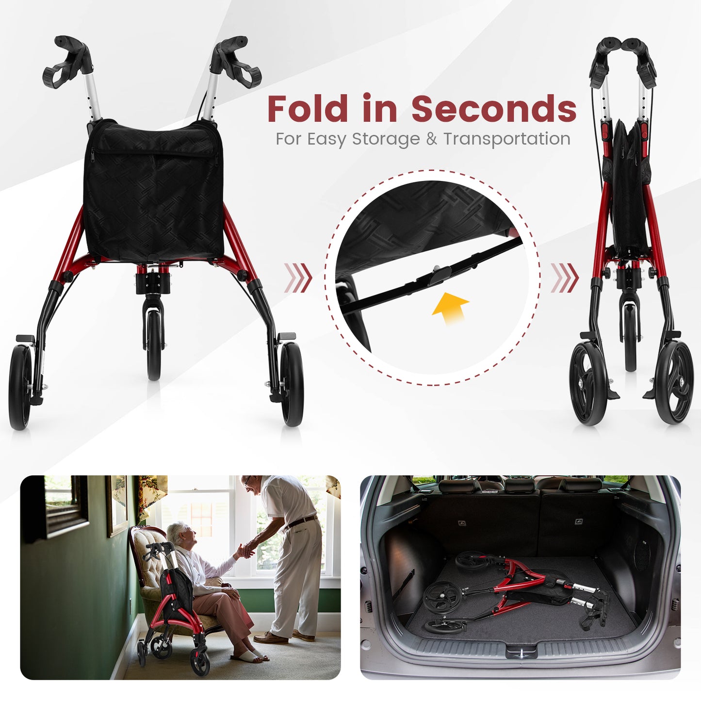 Foldable Rollator Walker with Lightweight Aluminum Frame-Red