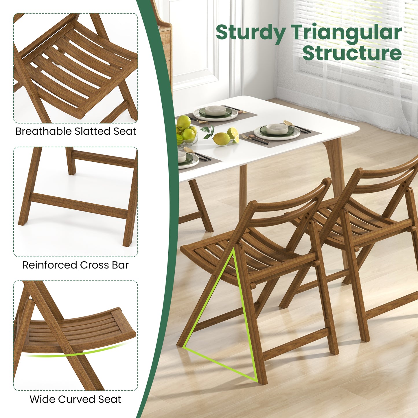 Folding Dining Chairs Set of 2 with Rubber Wood Frame