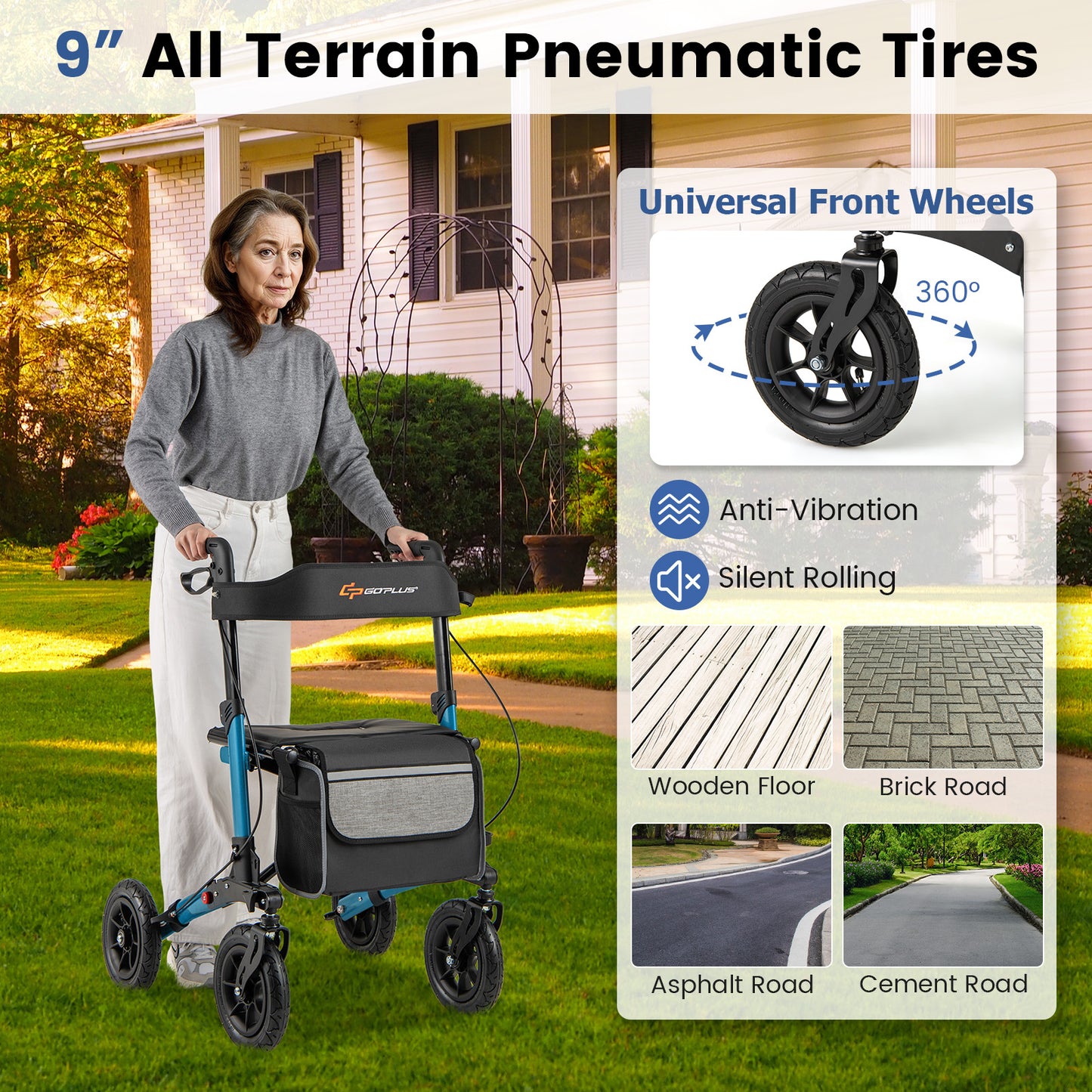 Folding Rollator Walker for Seniors with Seat for All Terrain-Navy
