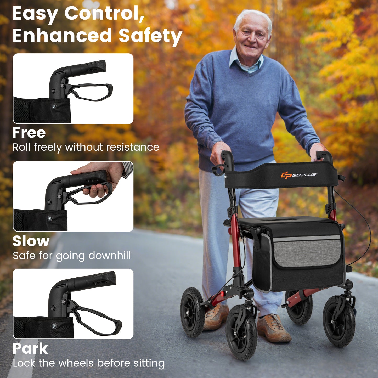 Folding Rollator Walker for Seniors with Seat for All Terrain-Red