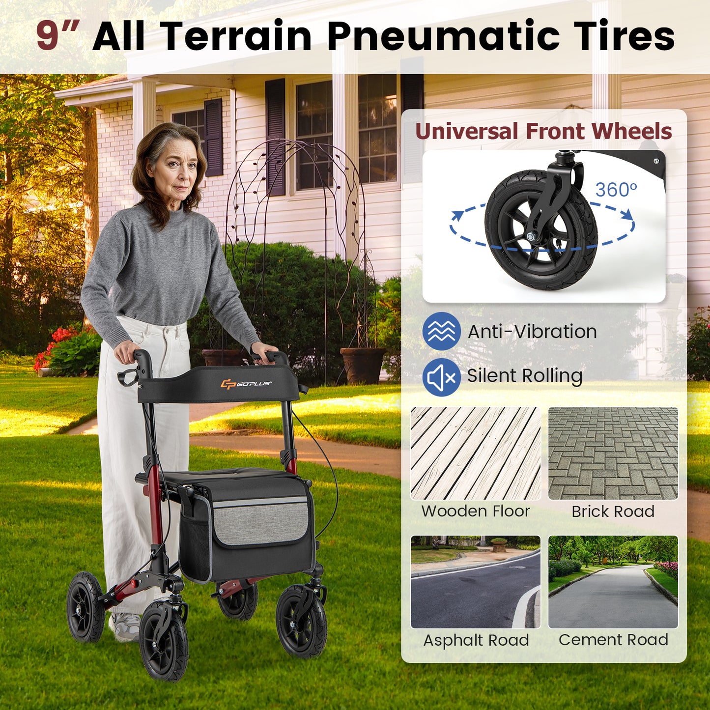 Folding Rollator Walker for Seniors with Seat for All Terrain-Red