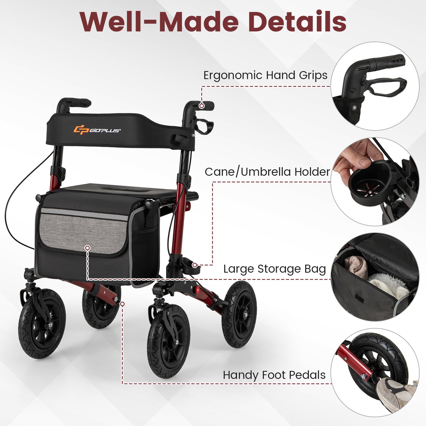 Folding Rollator Walker for Seniors with Seat for All Terrain-Red