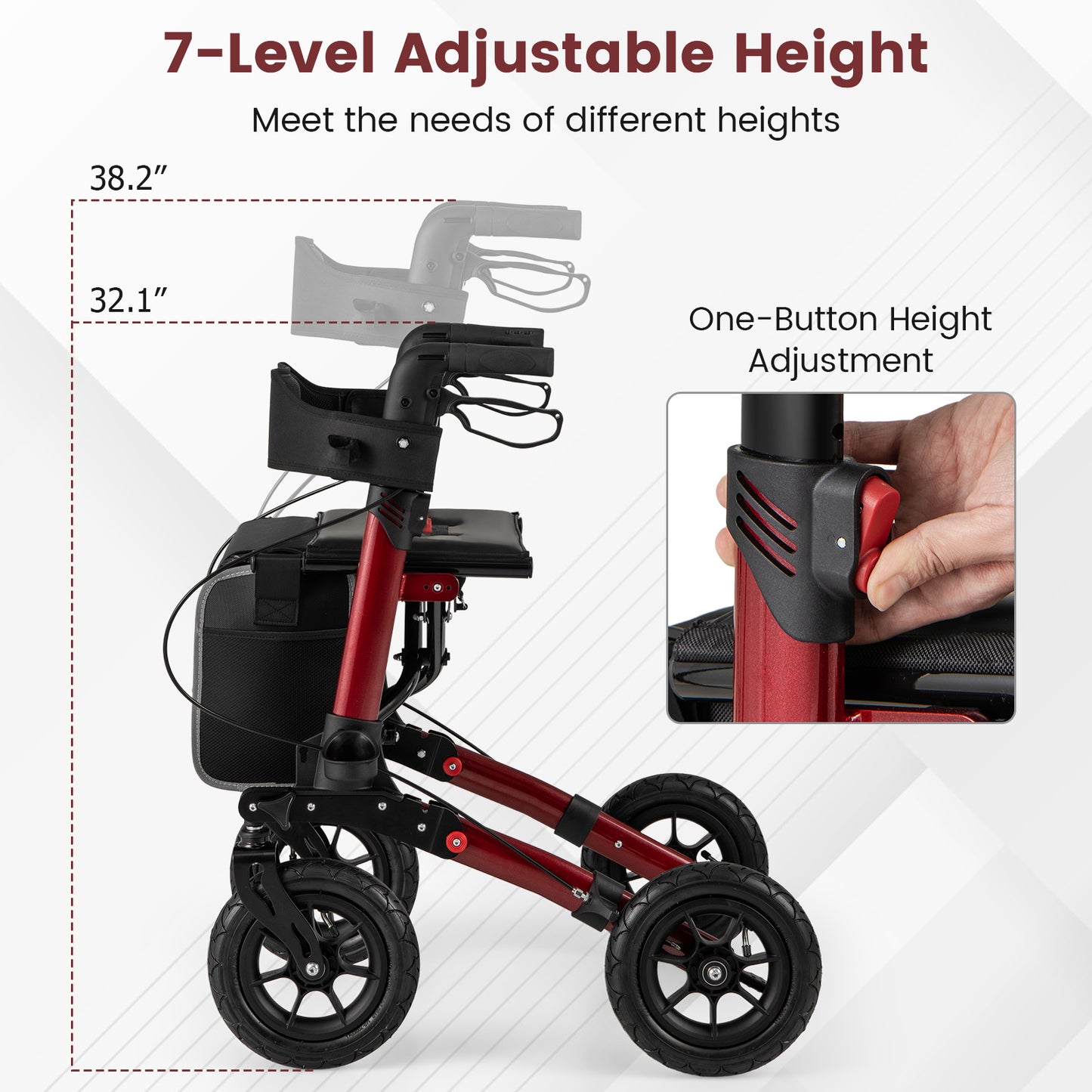 Folding Rollator Walker for Seniors with Seat for All Terrain-Red