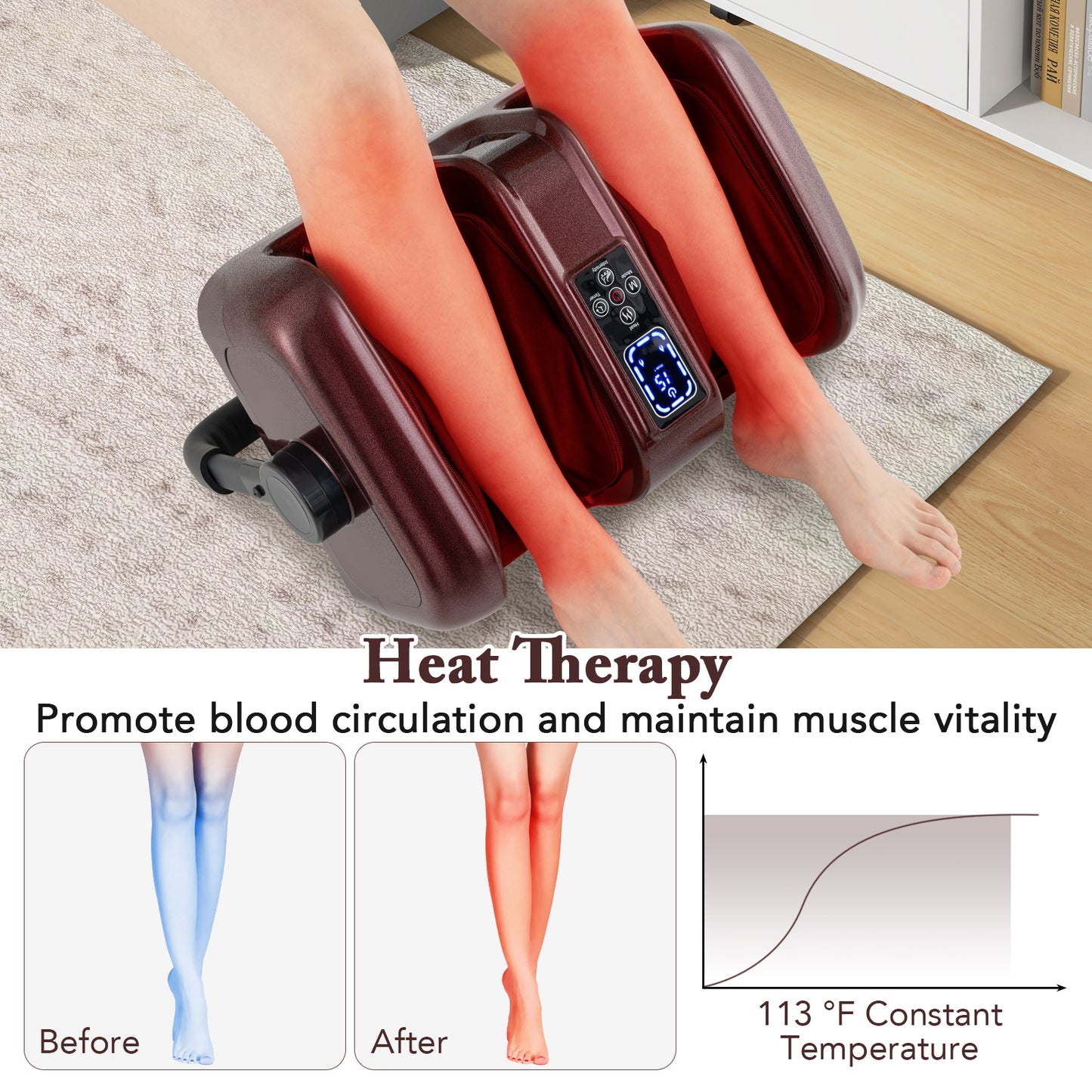 Foot and Calf Massager with Heat Shiatsu Deep Kneading Rolling Smart Electric Leg Massager-Red