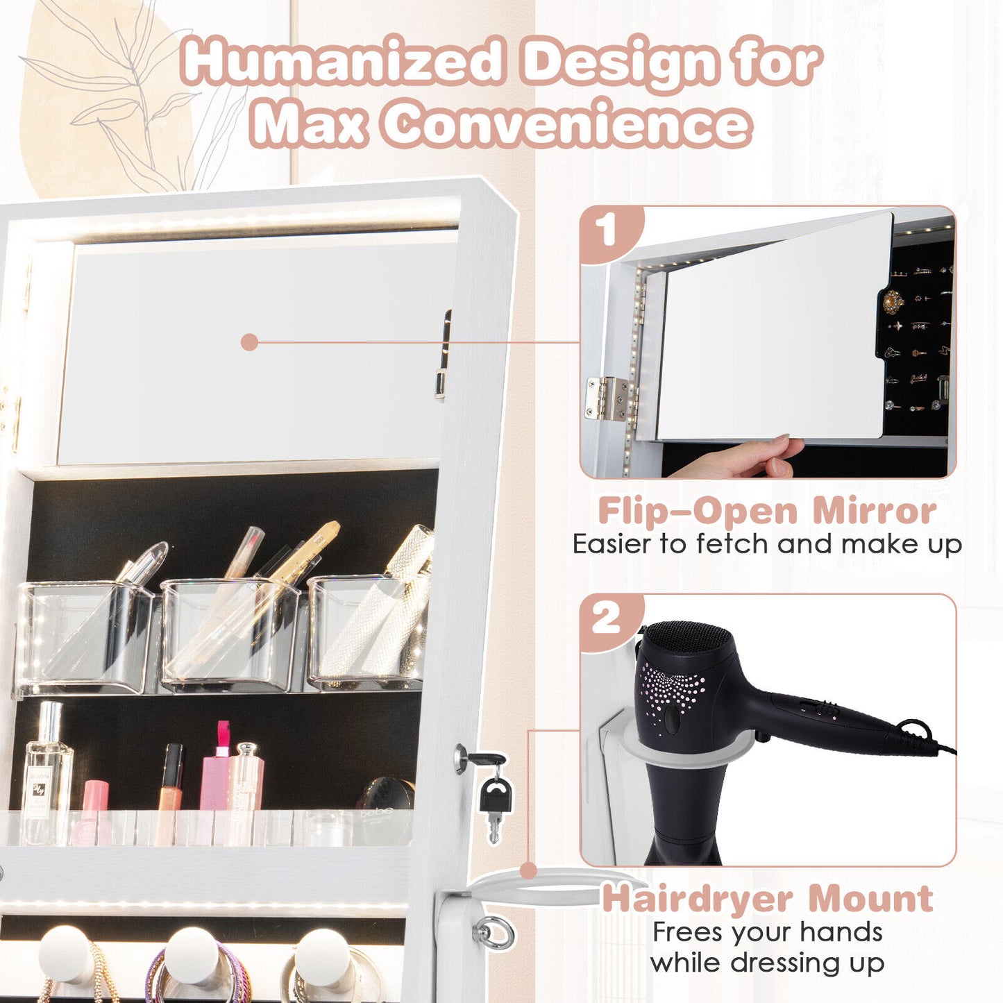 Jewelry Cabinet with Full Length Mirror and LED Lights