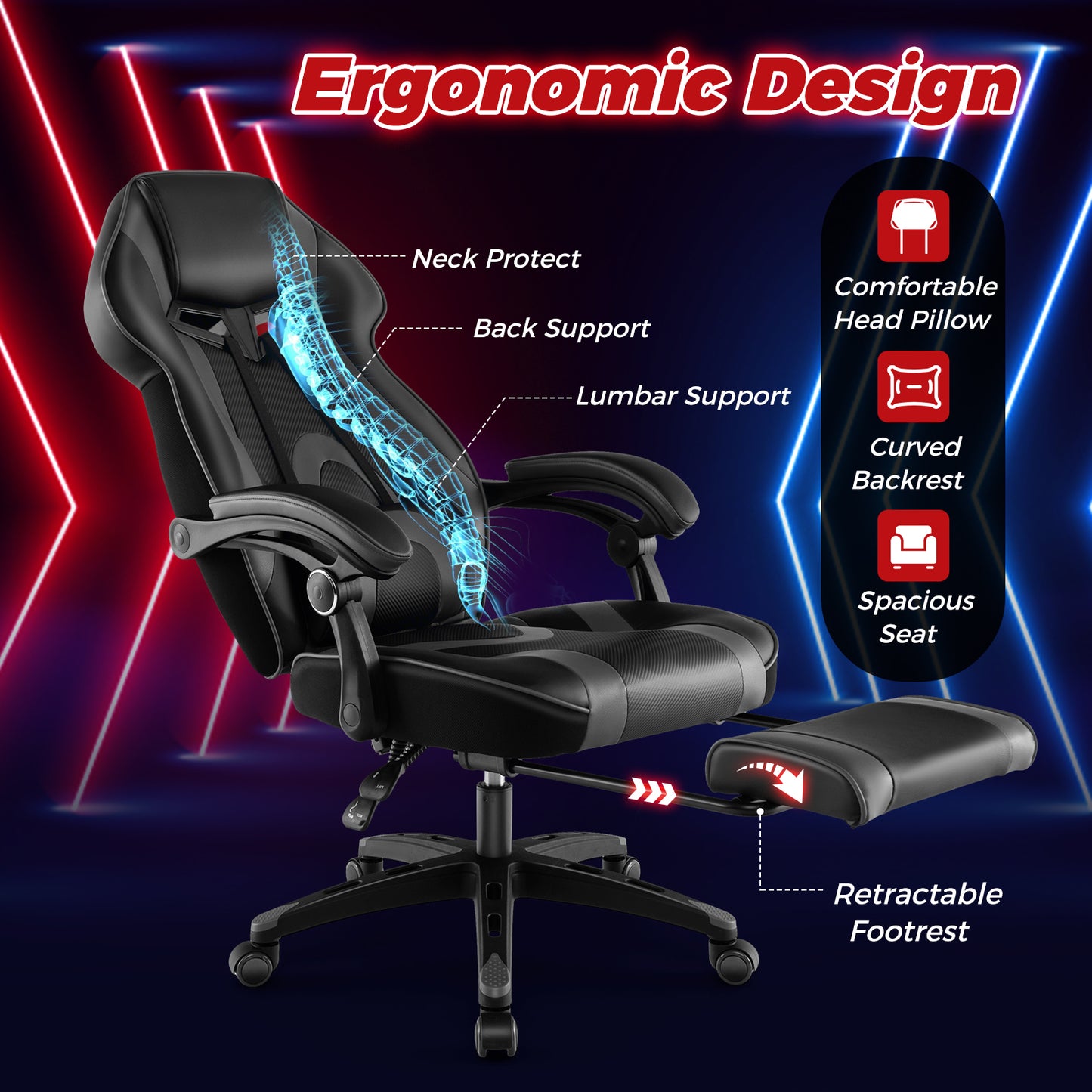 Gaming Chair with Footrest and Adjustable Lumbar Support