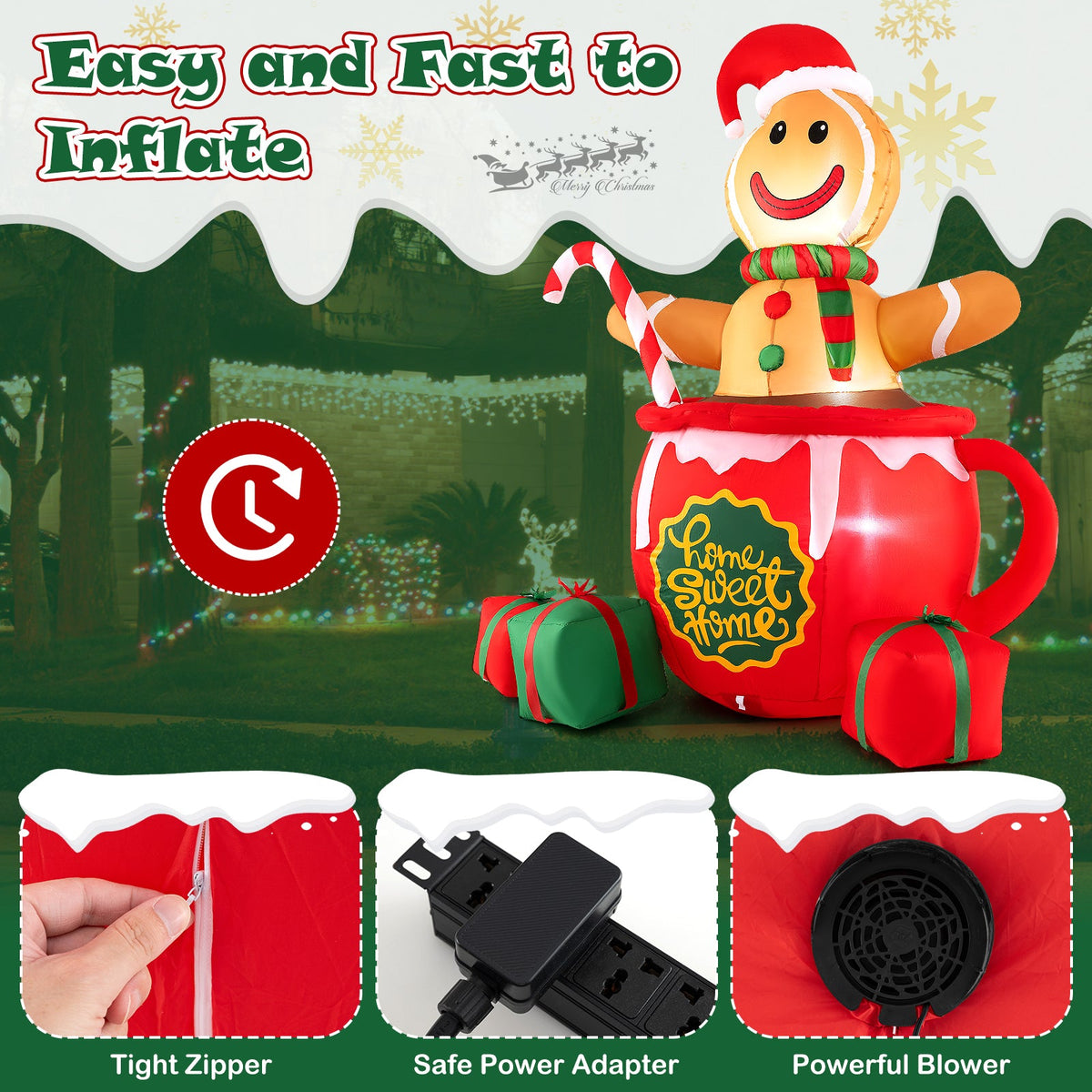 7 Feet Inflatable Gingerbread Man in Hot Cocoa Mug with Built-in LED Lights and Gift Boxes