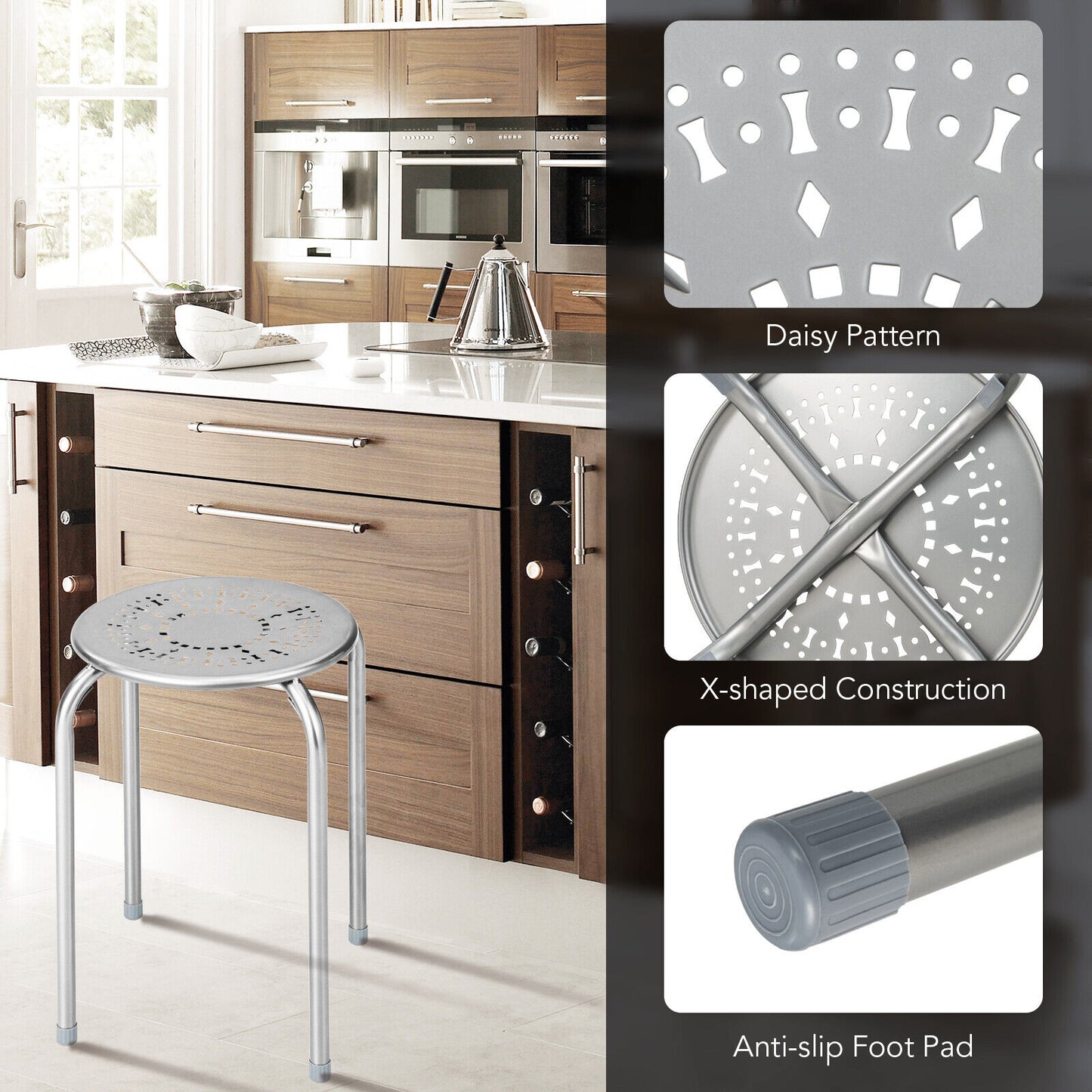 Stackable Metal Stools with Daisy Design - Set of 6