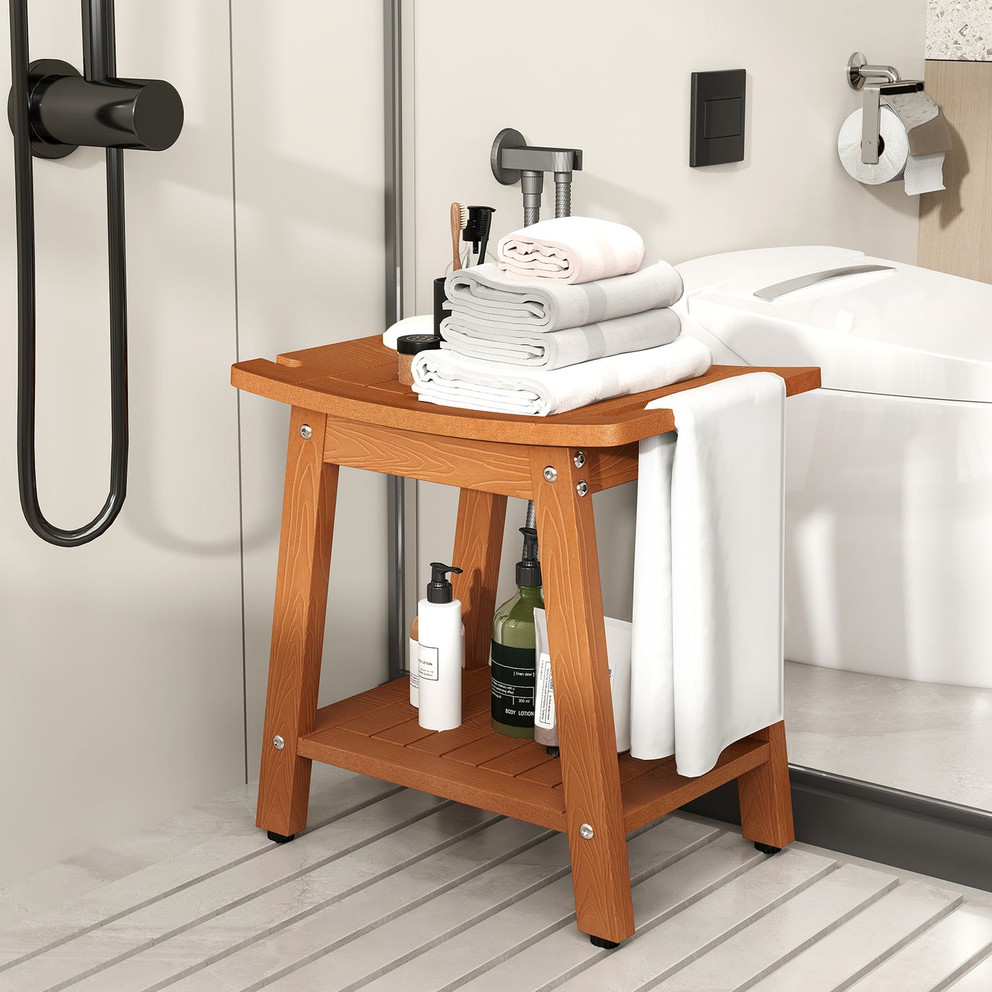 HIPS Shower Bench Seat with Handle Shower Head-Brown