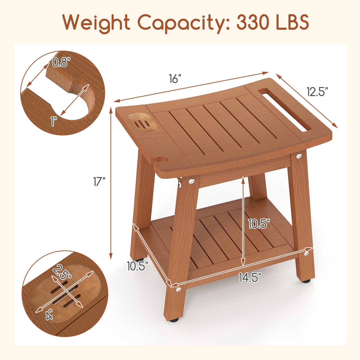 HIPS Shower Bench Seat with Handle Shower Head-Brown