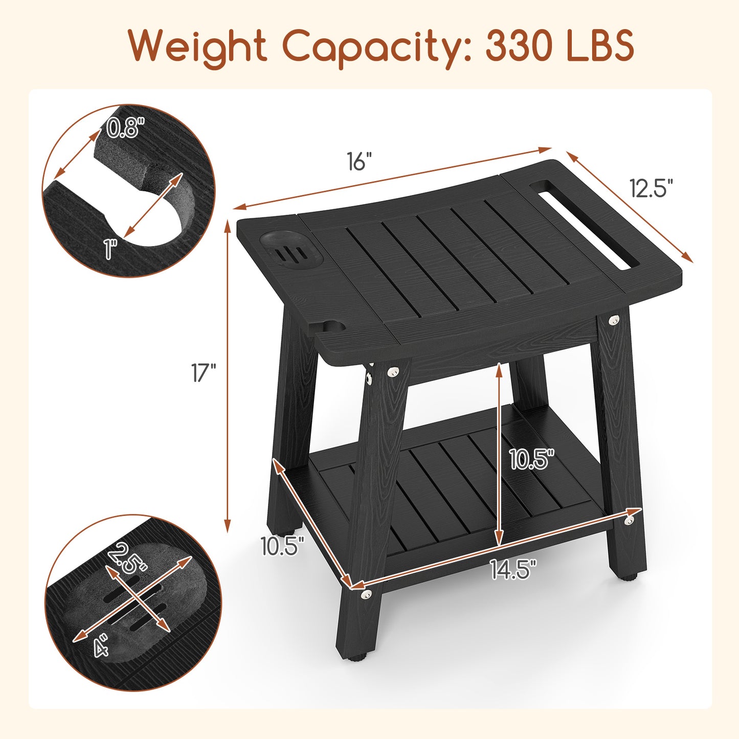 HIPS Shower Bench Seat with Handle Shower Head-Black