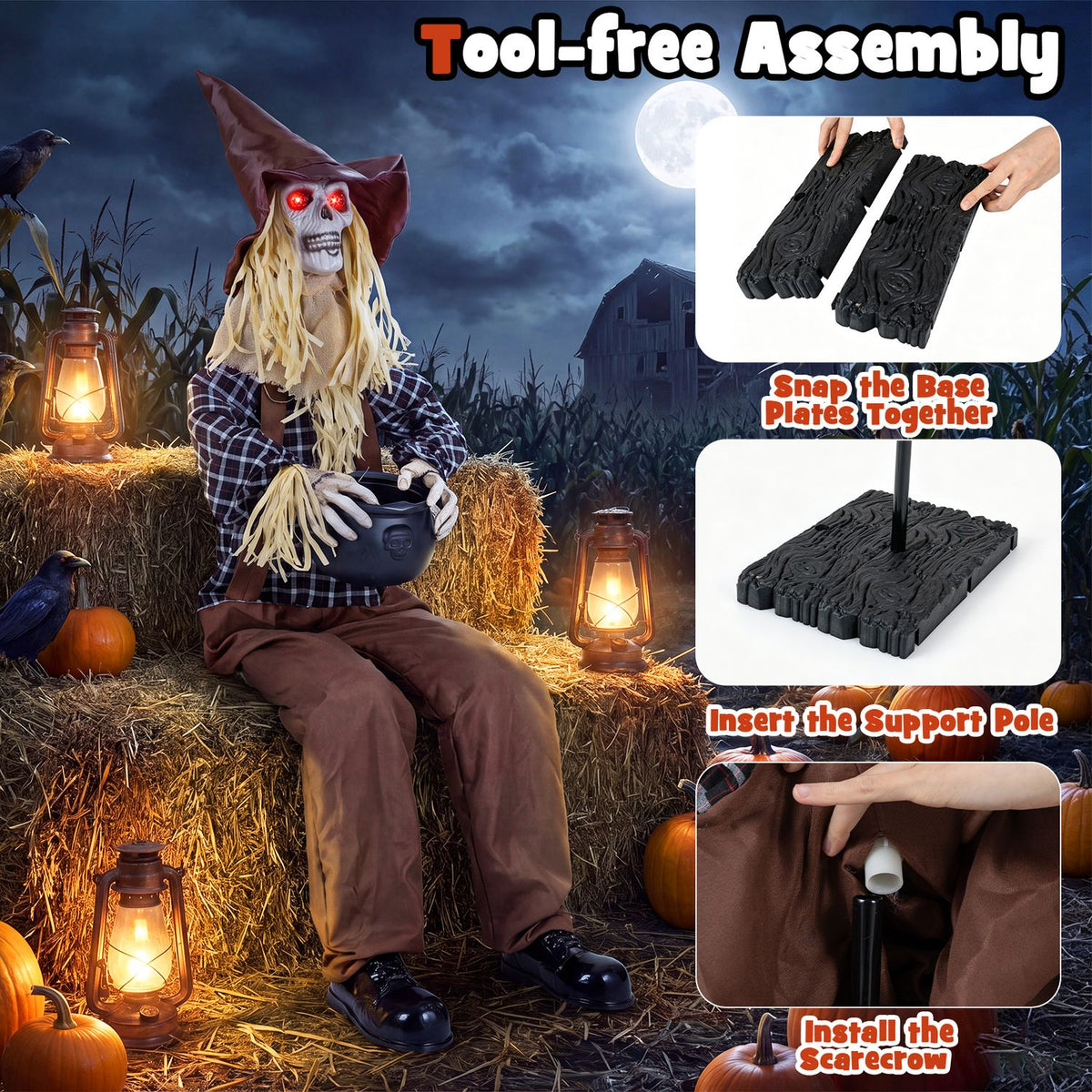 Halloween Animatronic Sitting Scarecrow with Candy Bowl