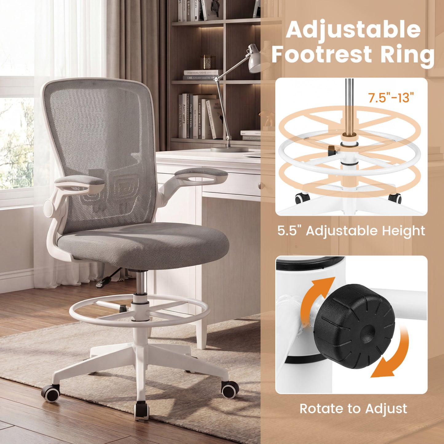 Drafting Chair with Flip-Up Arms and Adjustable Height