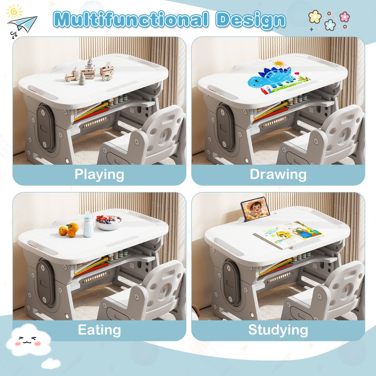 Kids Table and Chair Set with Adjustable Height & Tiltable Whiteboard