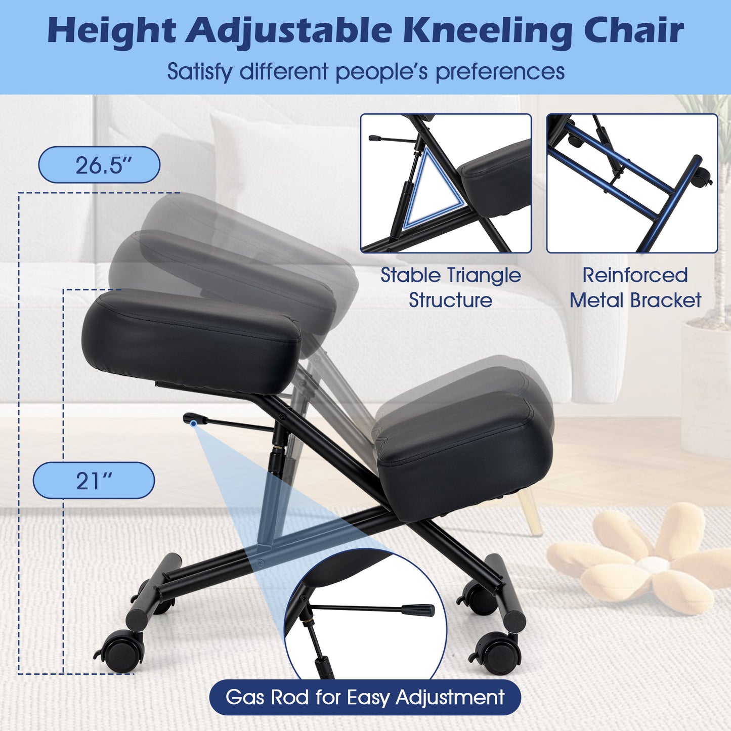Height Adjustable Kneeling Chair with Cushioned Seat