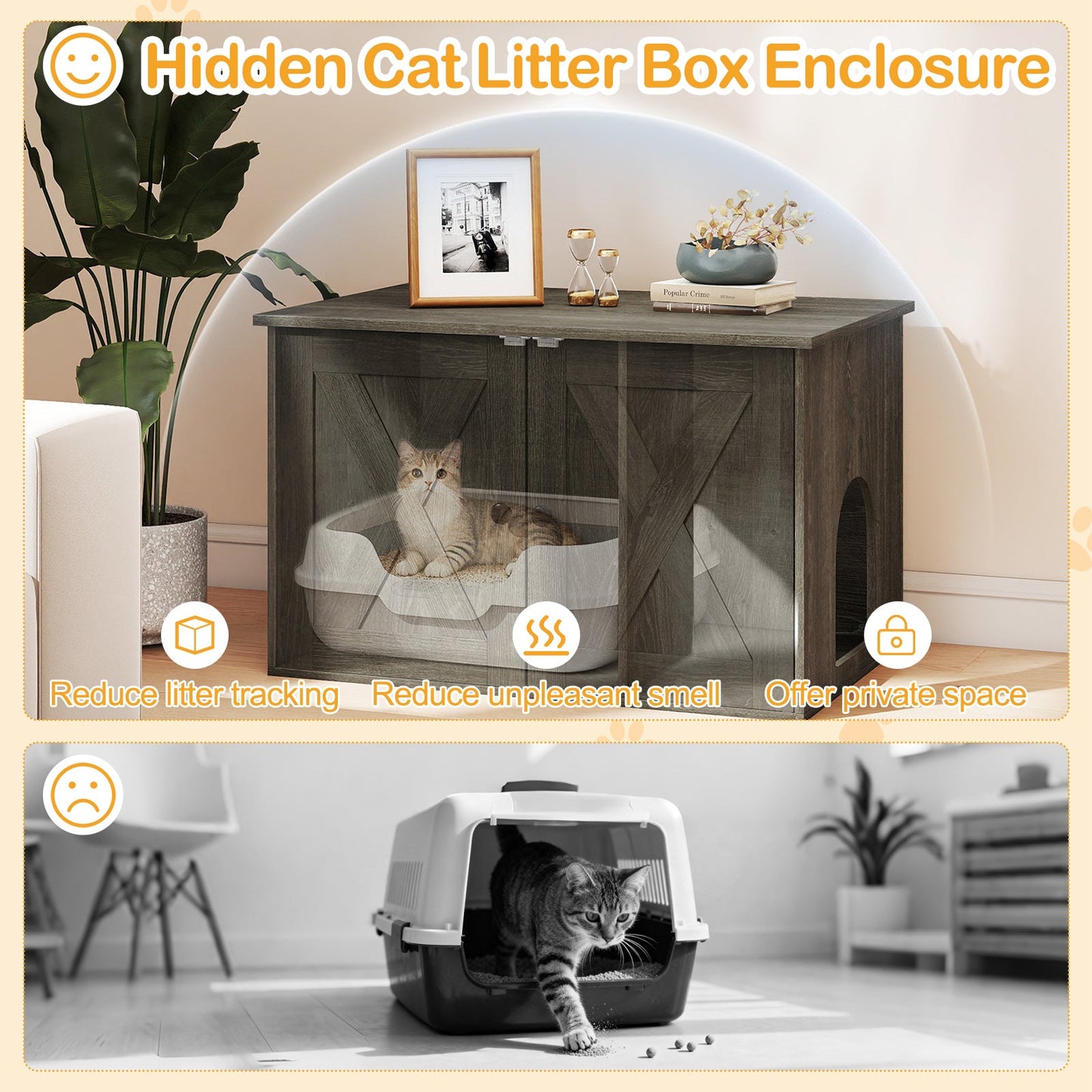 Hidden Cat Litter Box Enclosure Furniture with Divider-Oak