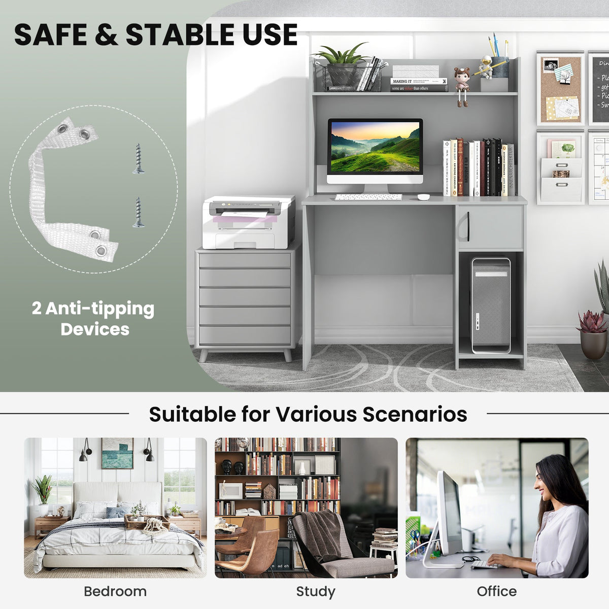 Home Office Desk with Raised Display Shelf and 2 Open Shelves