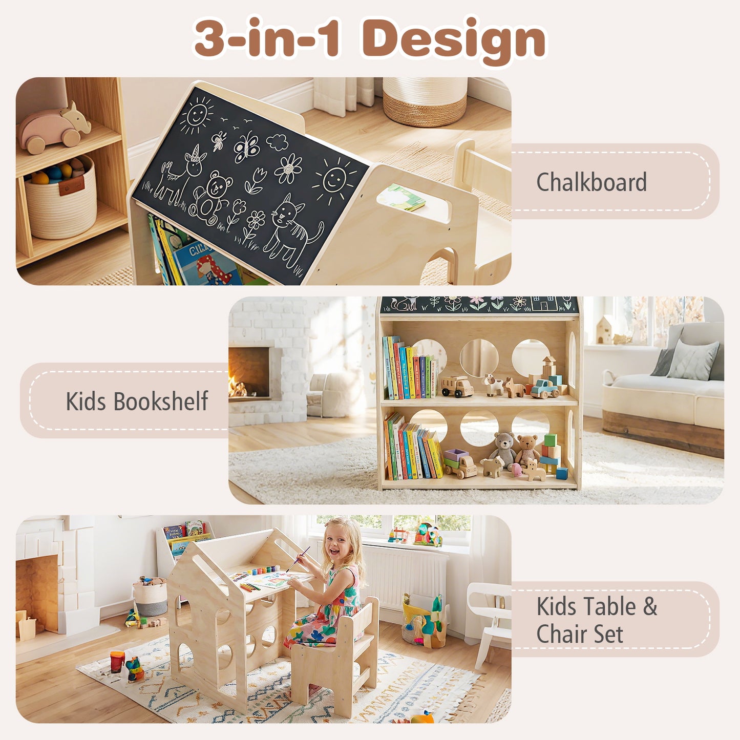 House-Shaped Kids Table and Chair Set with Chalkboard