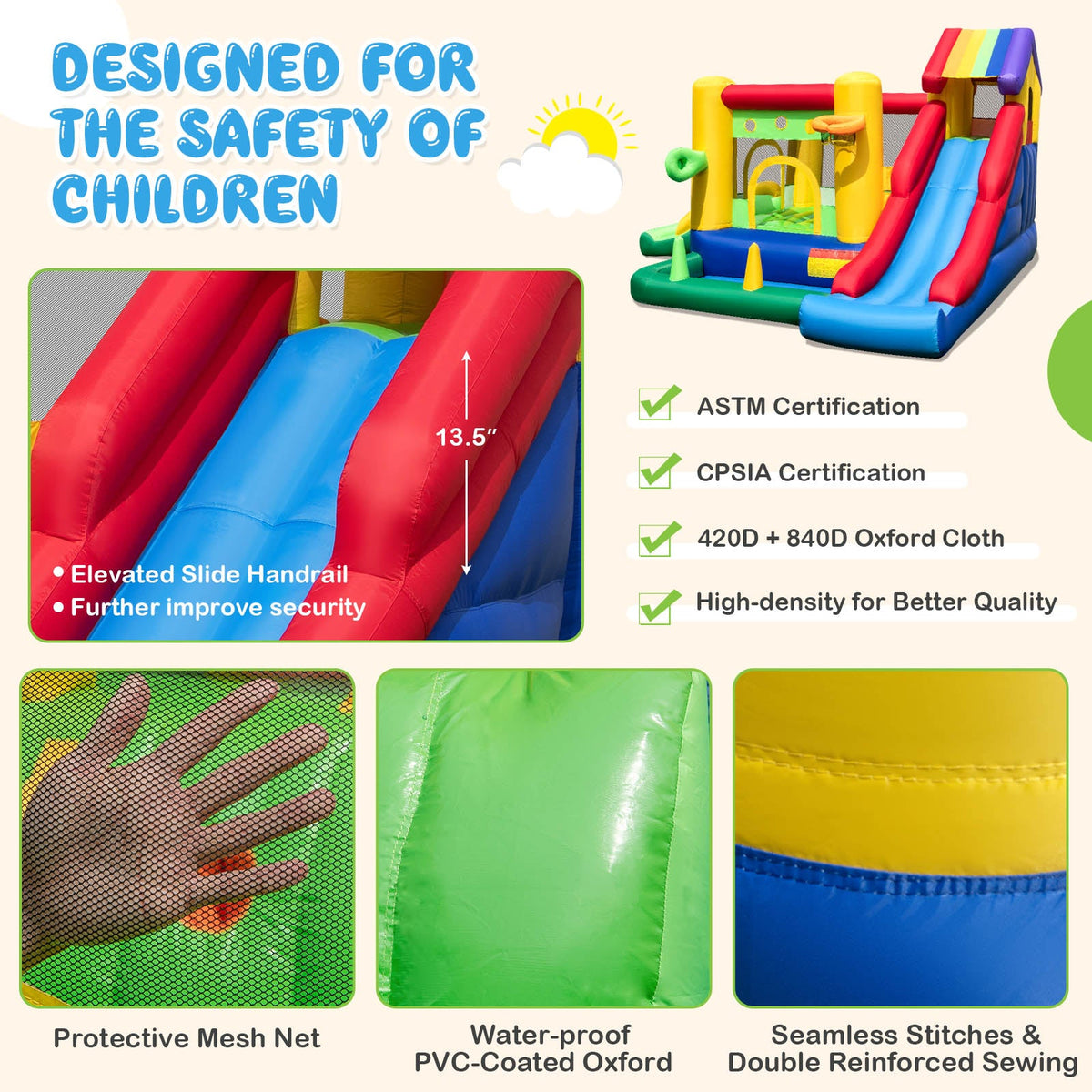Inflatable Bounce Castle with Double Slides and 735W Blower