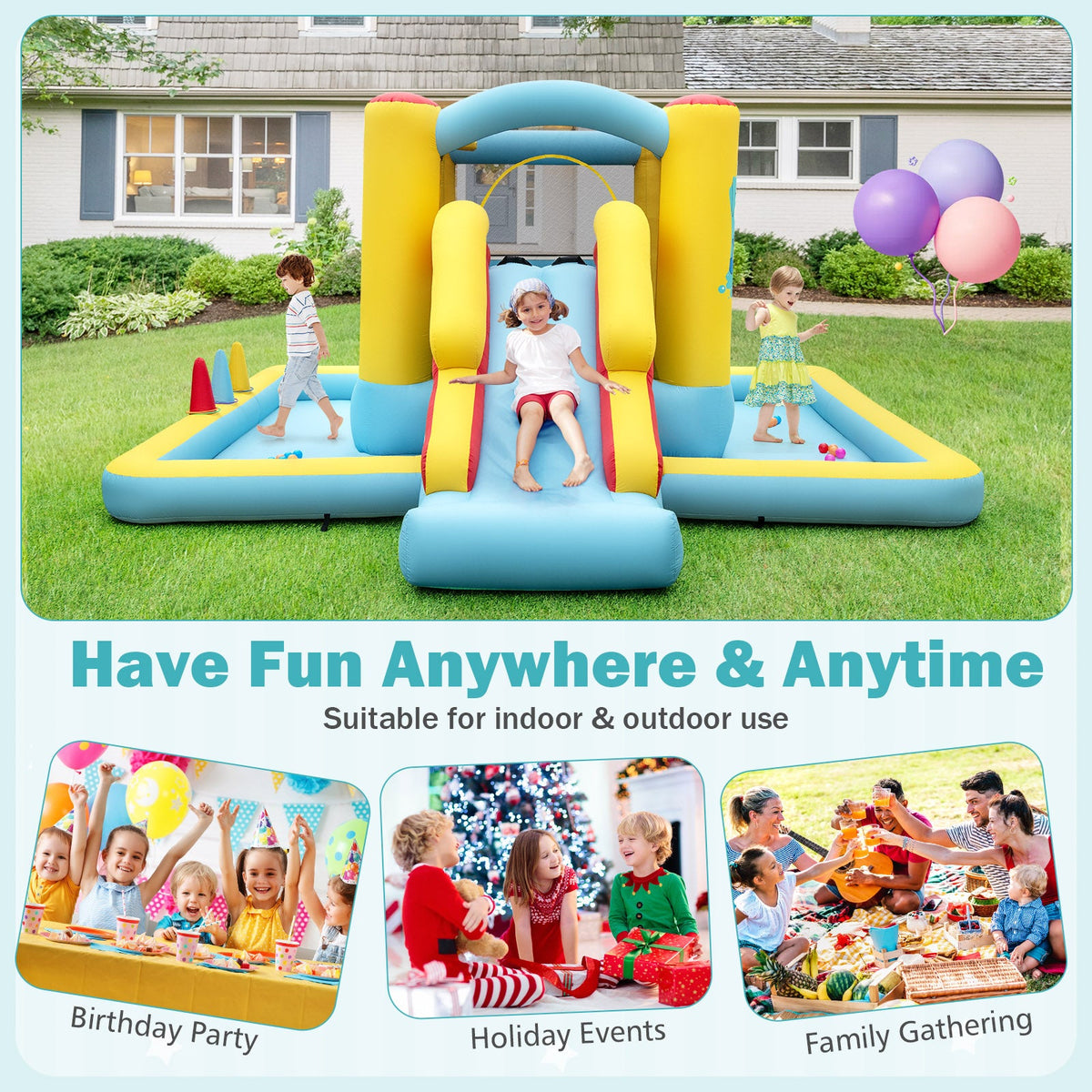 Inflatable Bounce House 7-in-1 Bouncy Castle with Slide and Tunnel with 480W Blower
