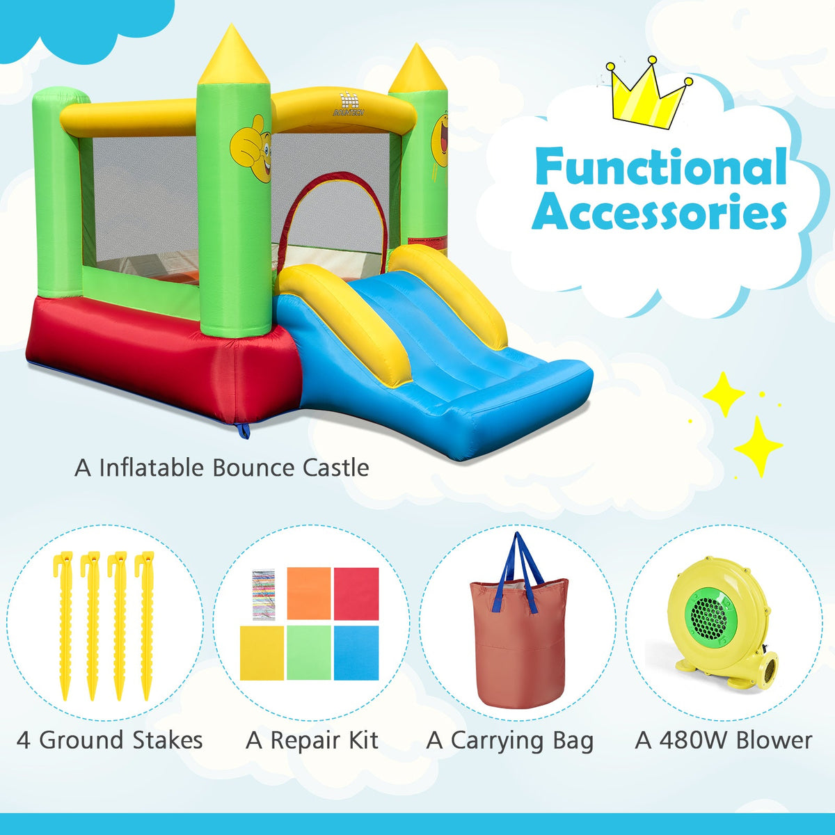 Inflatable Bounce House Kids Blow-up Bouncer with Slide with 480W Blower