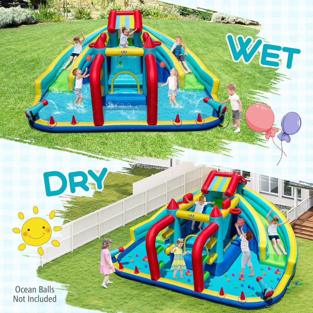 Inflatable Double Water Slide Park with Obstacle Course and 735W Blower