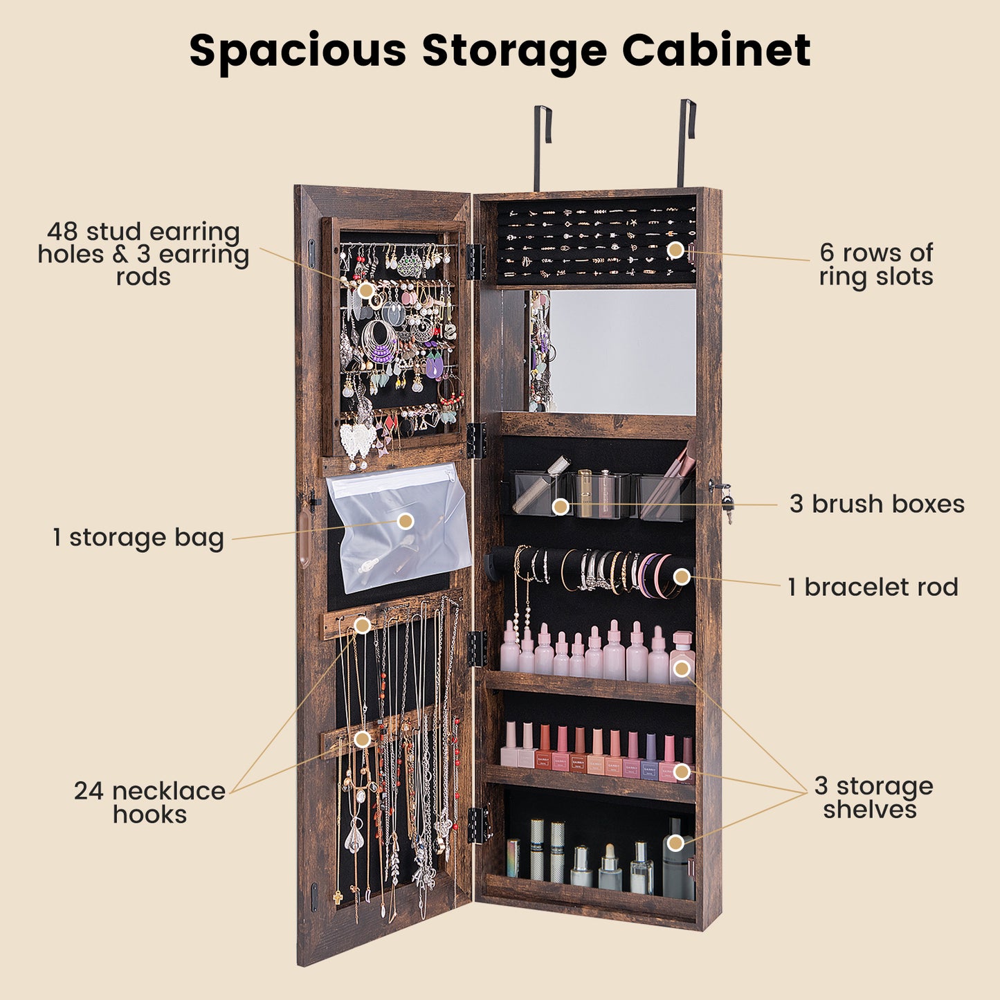 Full Length Mirrored Jewelry Armoire with LED Lights