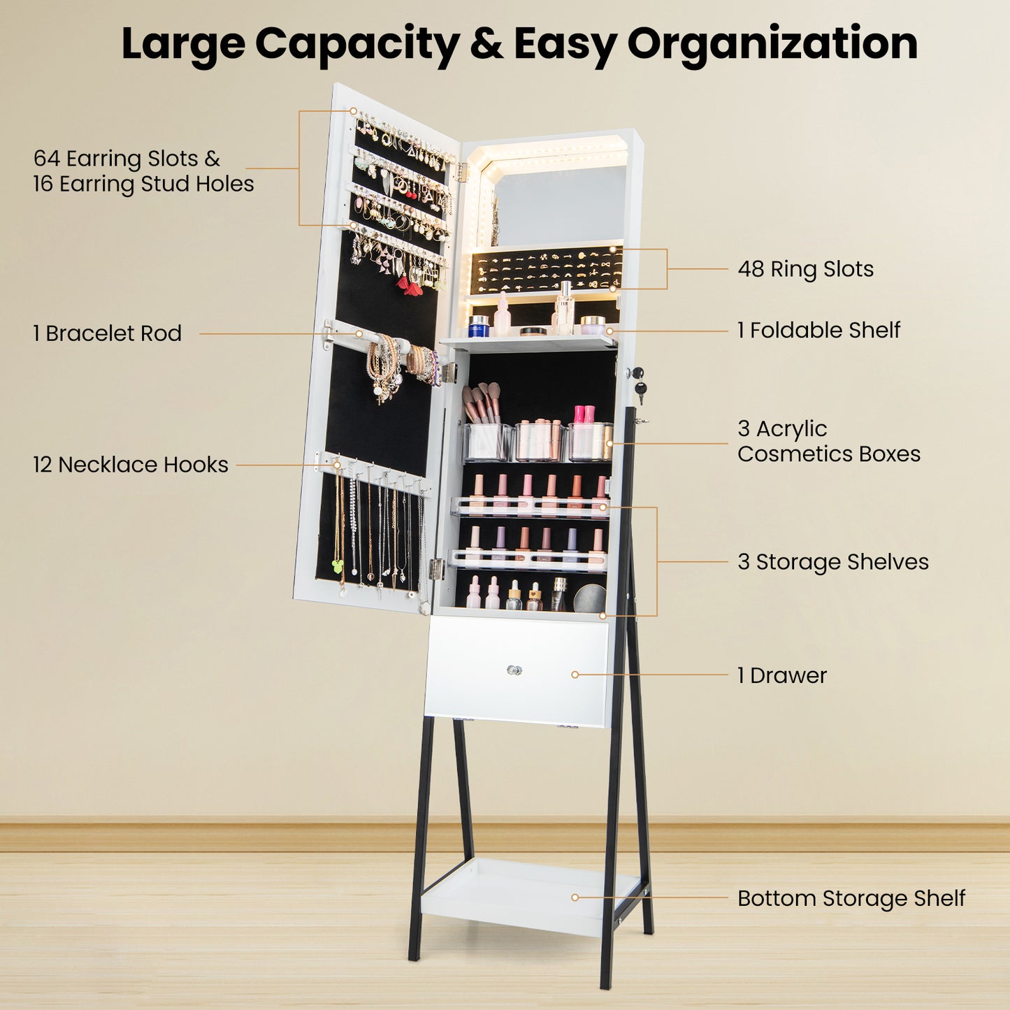 Freestanding Jewelry Armoire with Full-Length Mirror