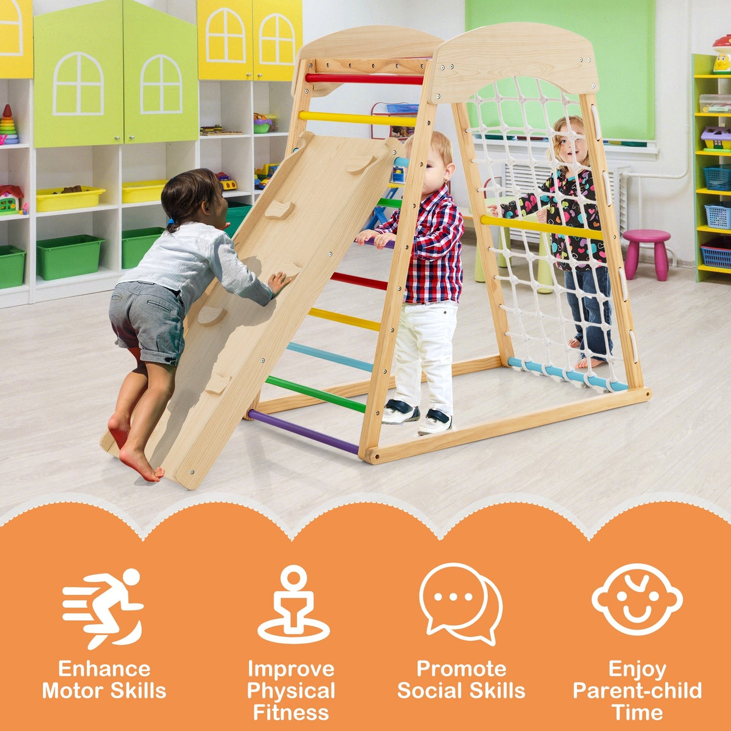 6-in-1 Jungle Gym Wooden Indoor Playground with Double-Sided Ramp and Monkey Bars