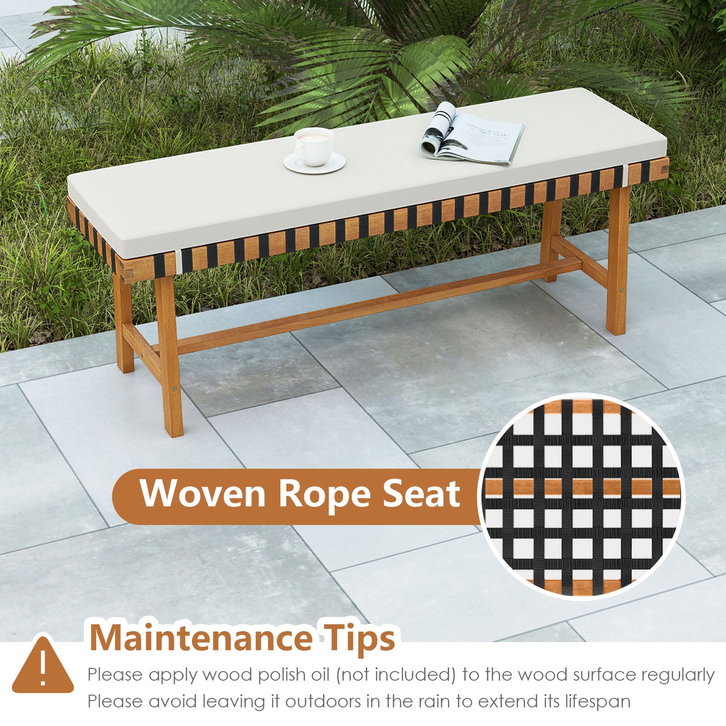 48-Inch Acacia Wood Outdoor Bench with Padded Cushion