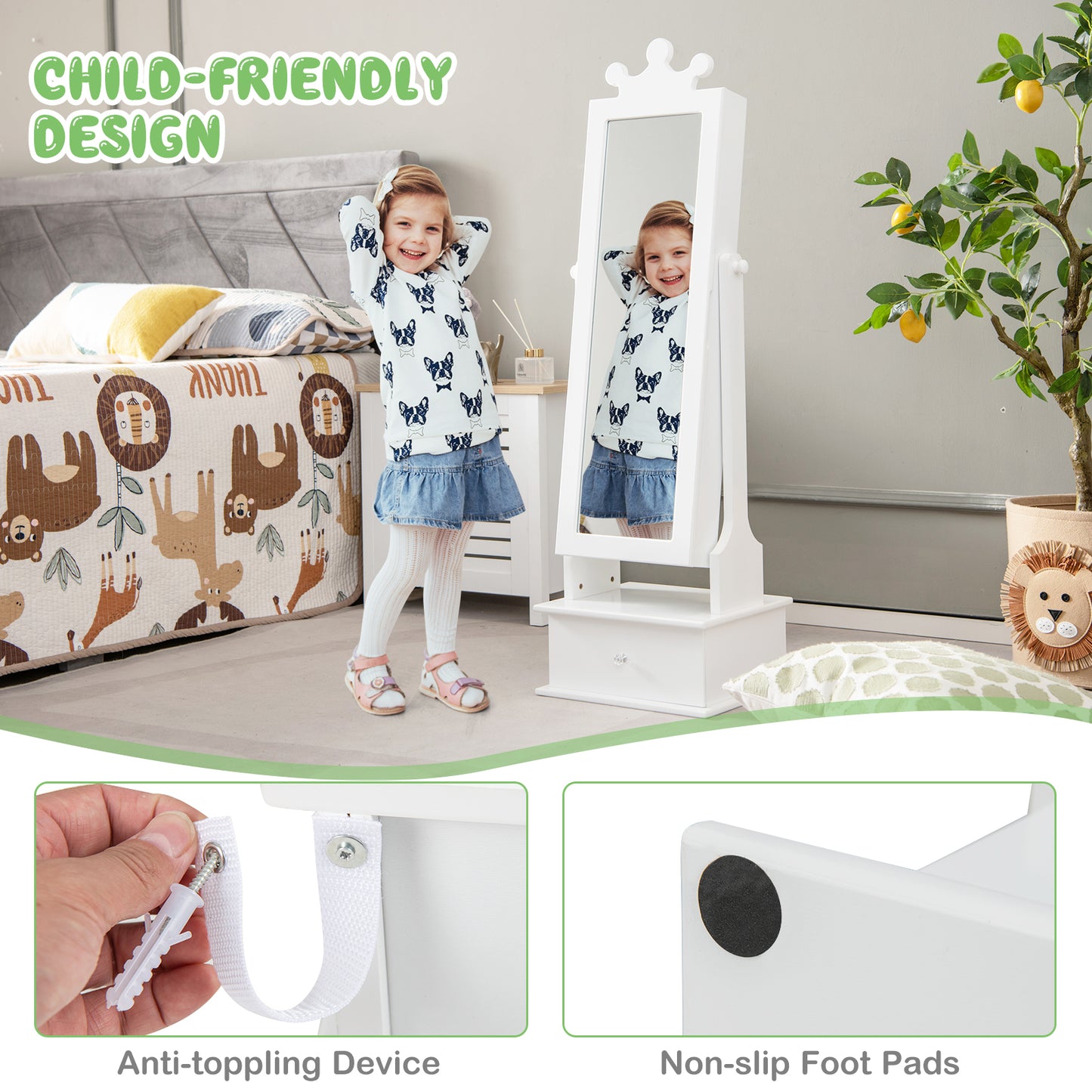 Kids Jewelry Armoire with Full Length Mirror and Drawers