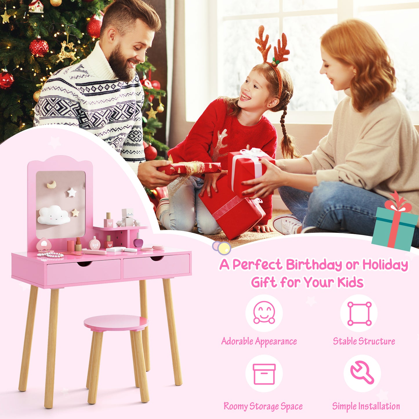 Kids Vanity Table and Chair Set with Mirror and Drawers