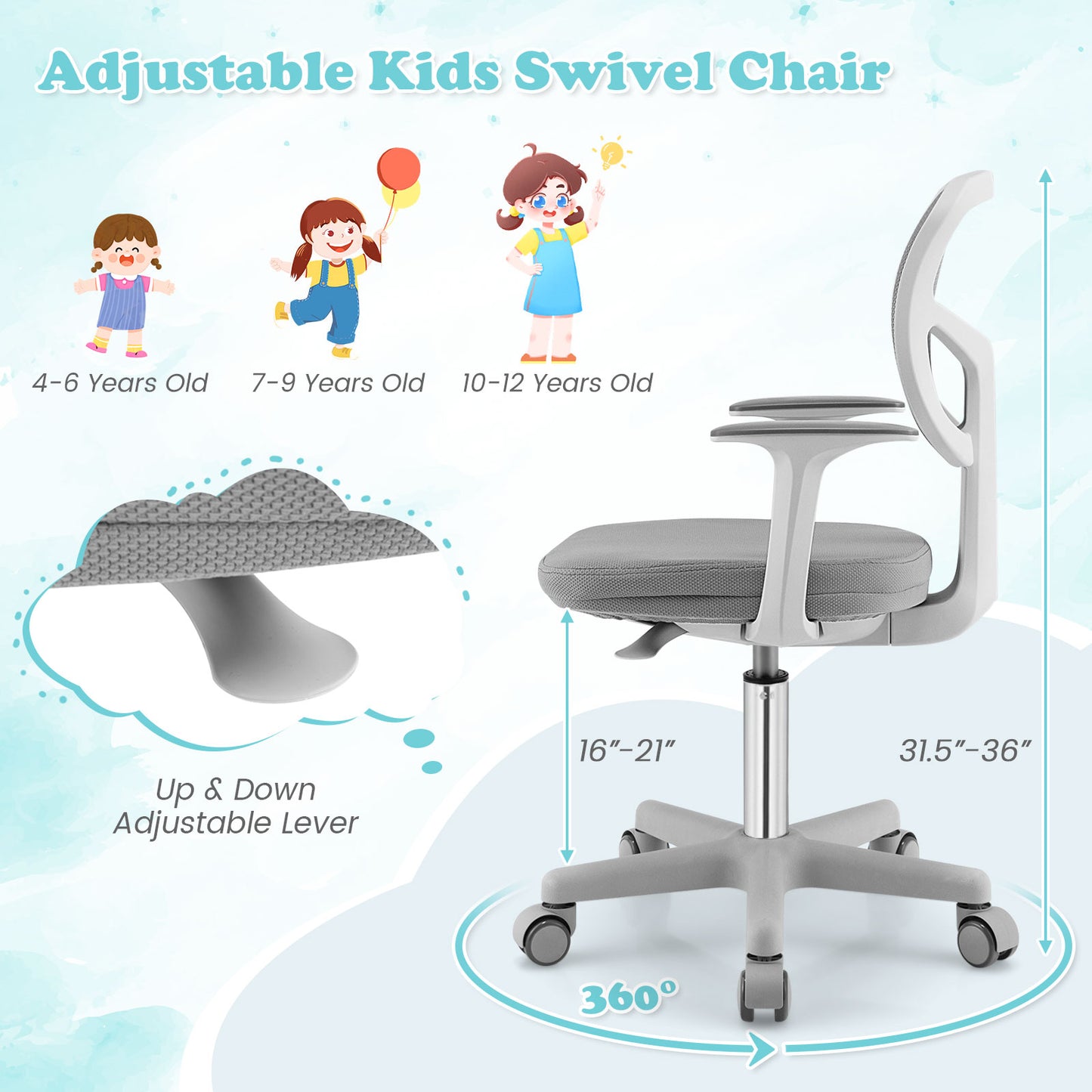Kids Adjustable Desk Chair with Auto Brake Casters