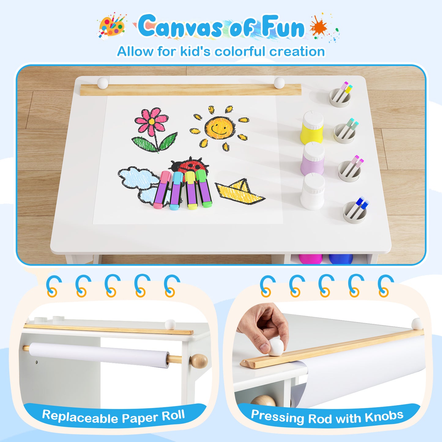 Kids Art Table and Chair Set with Paper Roll and Storage