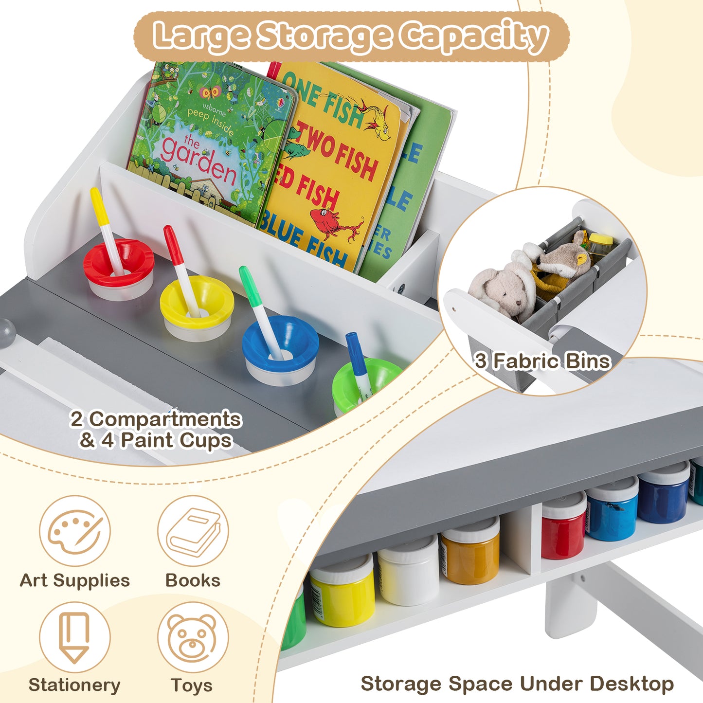 Kids Art Table and Chair Set with Paper Roll and Storage Bins